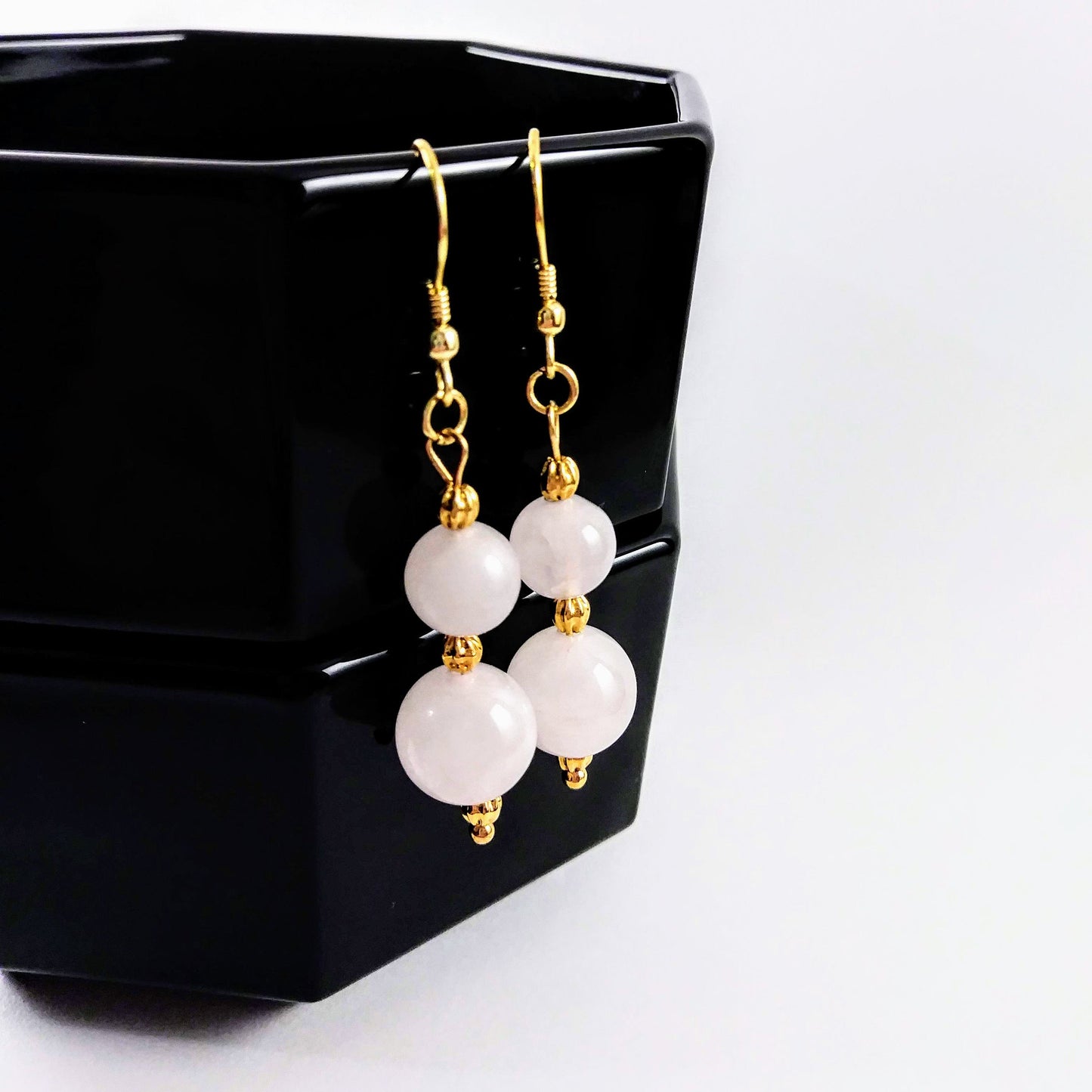 Double Rose Quartz Stacked Gold Dangle Earrings