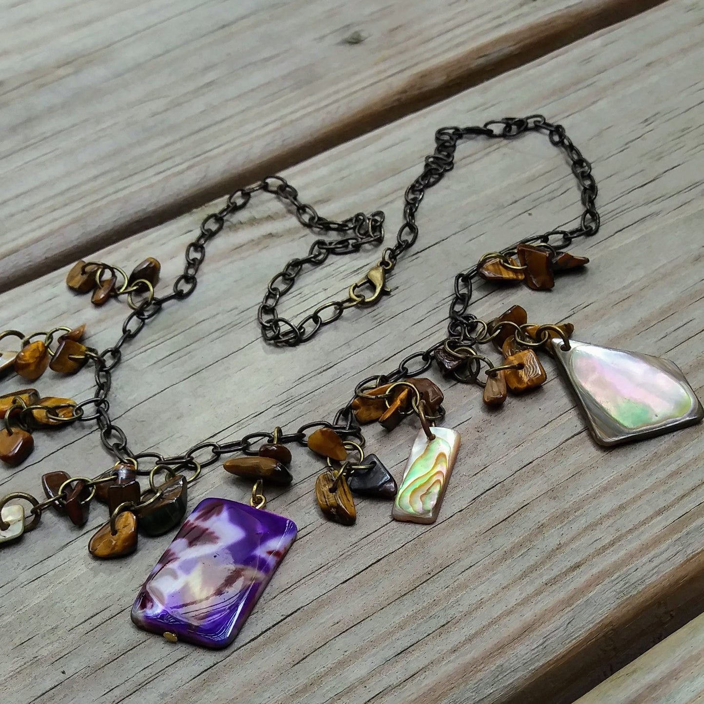 Upcycled Natural Shell & Tigers Eye Purple Assemblage Necklace Set w Earrings