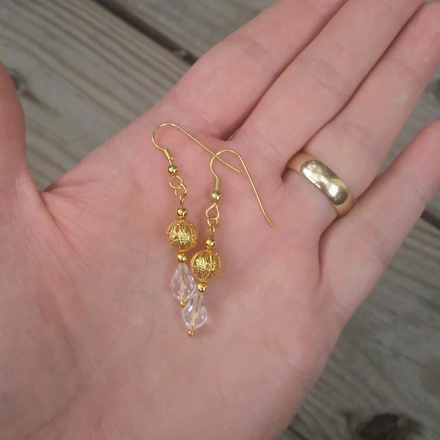 Clear White Austrian Crystal Dangle Earrings w Edwardian Gold Filigree