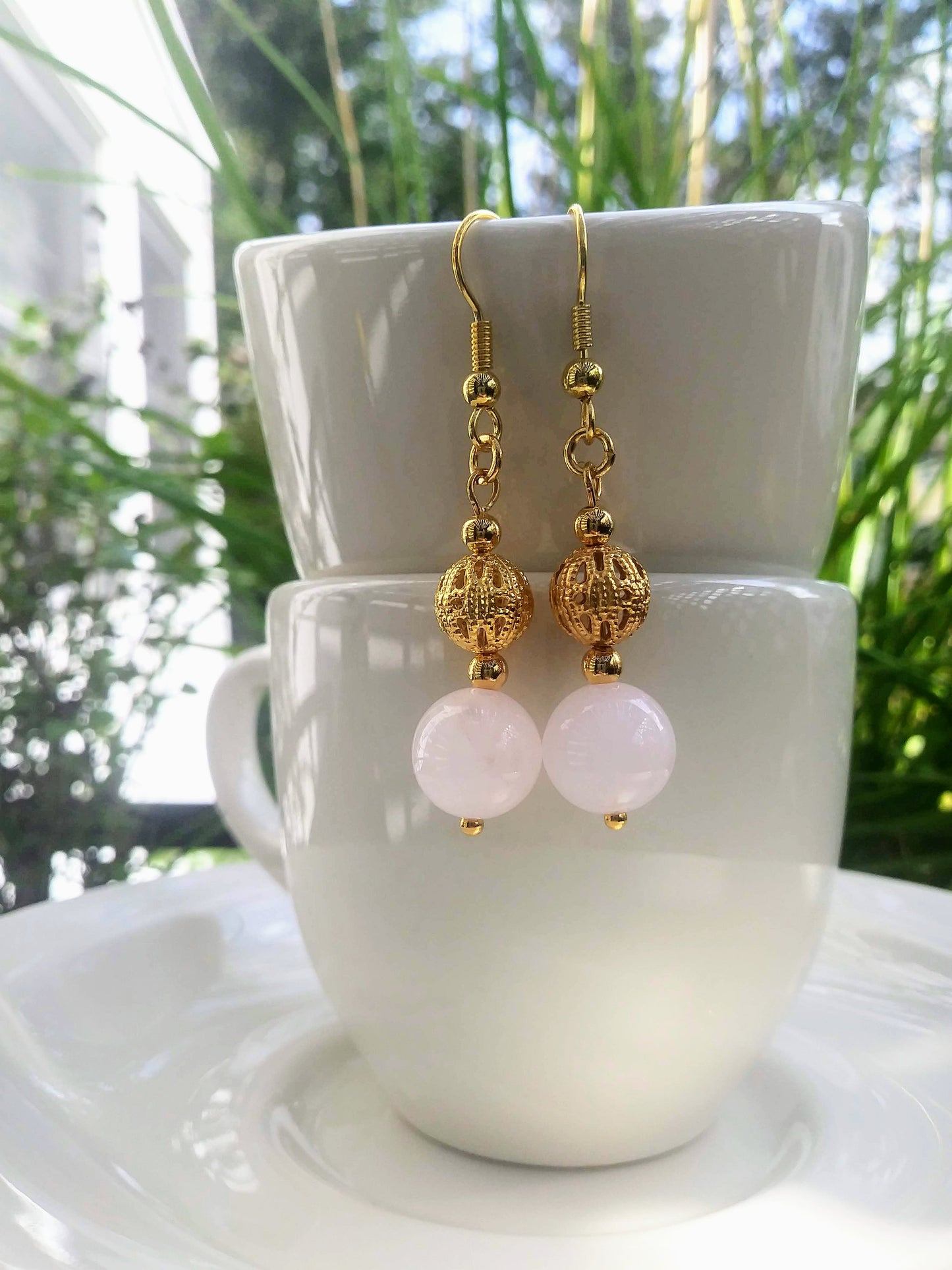 Rose Quartz Dangle Earrings with Edwardian Gold Filigree