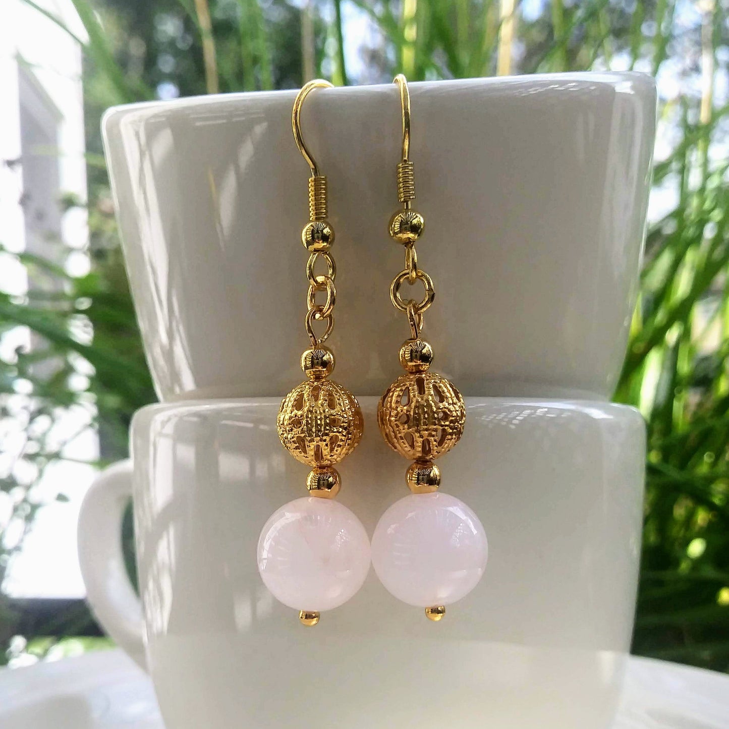 Rose Quartz Dangle Earrings with Edwardian Gold Filigree