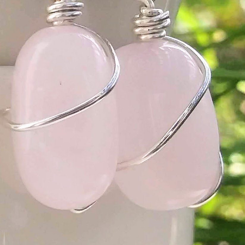 Rose Quartz Silver Wire Wrap Dangle Earrings