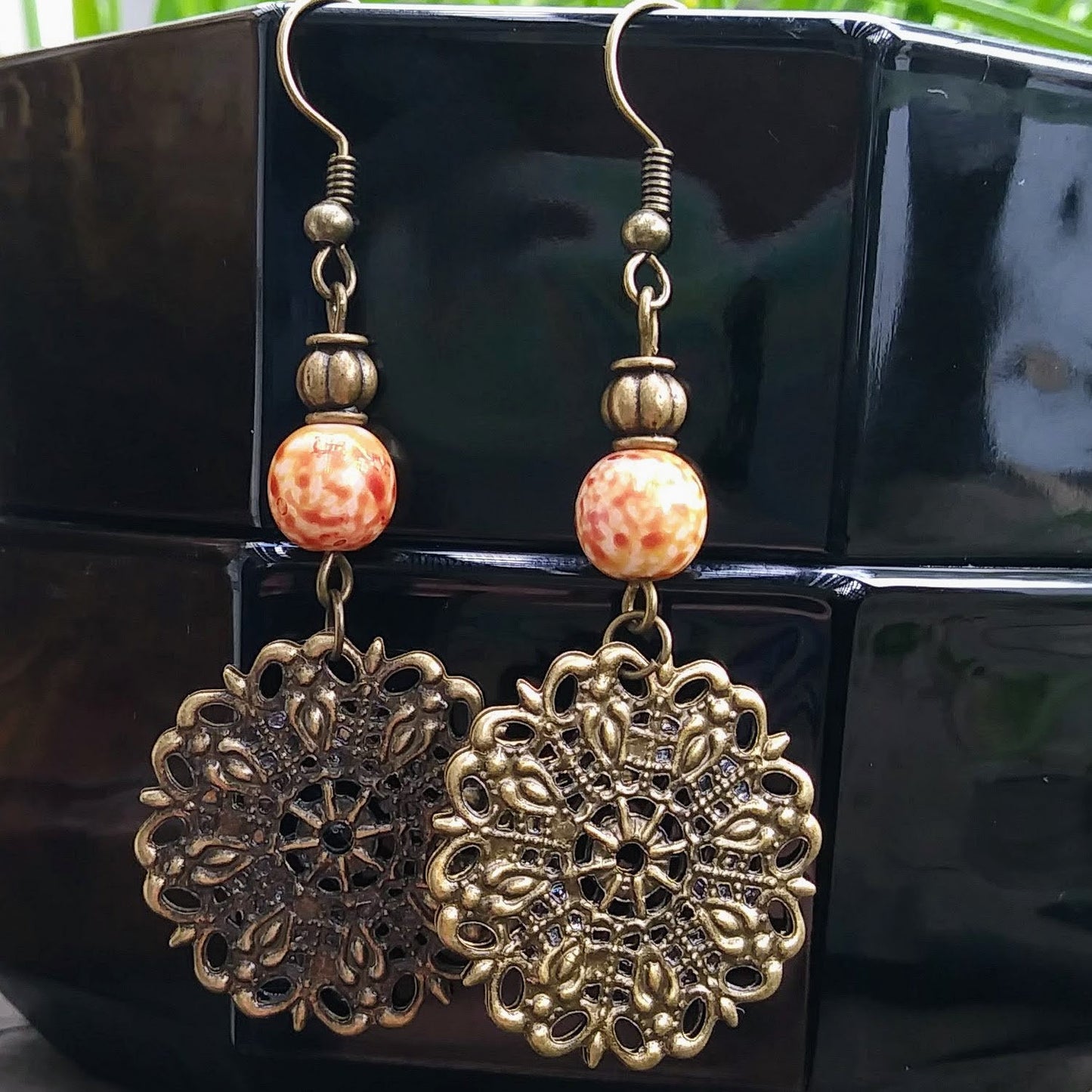 Burnt Orange Spanish Filigree Boho Chic Statement Earrings