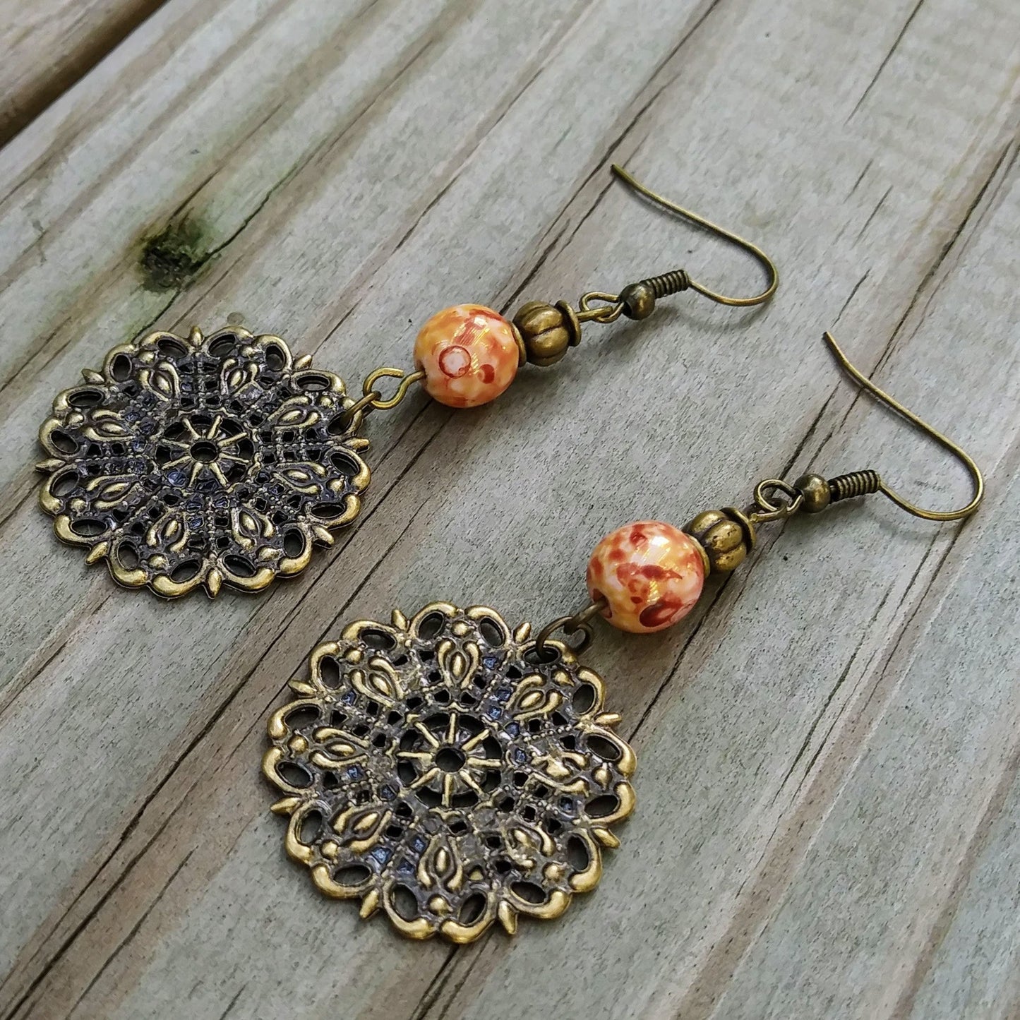 Burnt Orange Spanish Filigree Boho Chic Statement Earrings