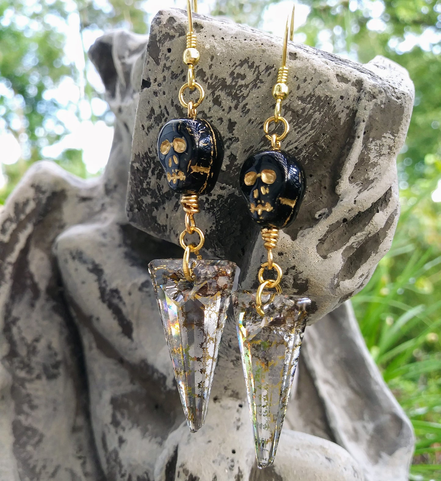 Large Austrian Crystal Spike & Black Skull Gold Statement Earrings