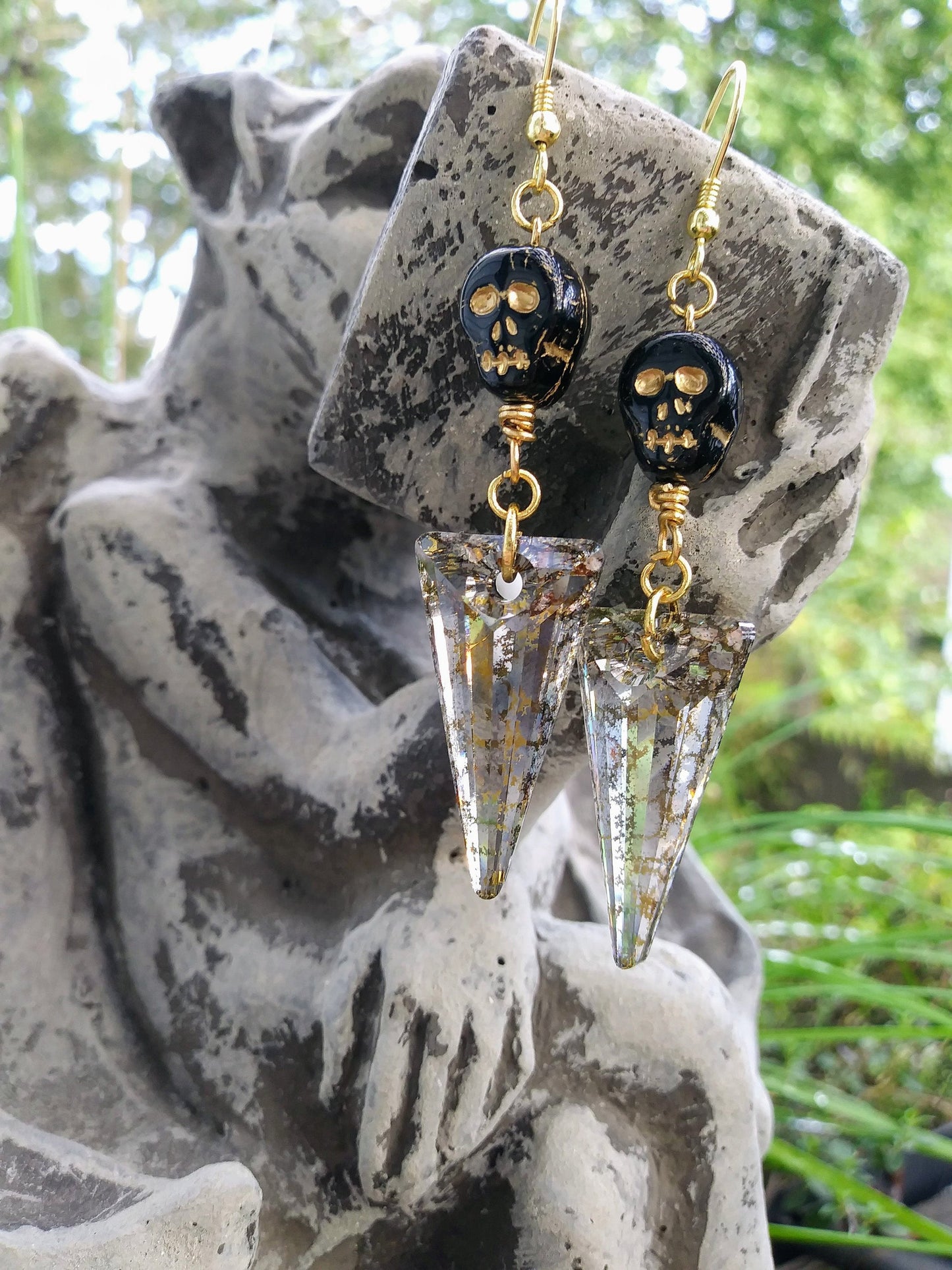 Large Austrian Crystal Spike & Black Skull Gold Statement Earrings