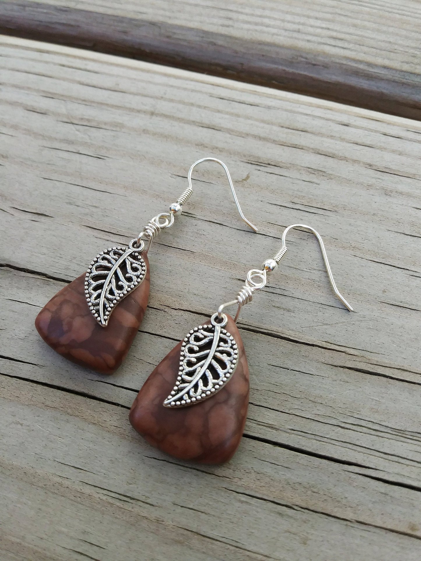 Brown Zebra Stone Silver Leaf Statement Earrings for Fall