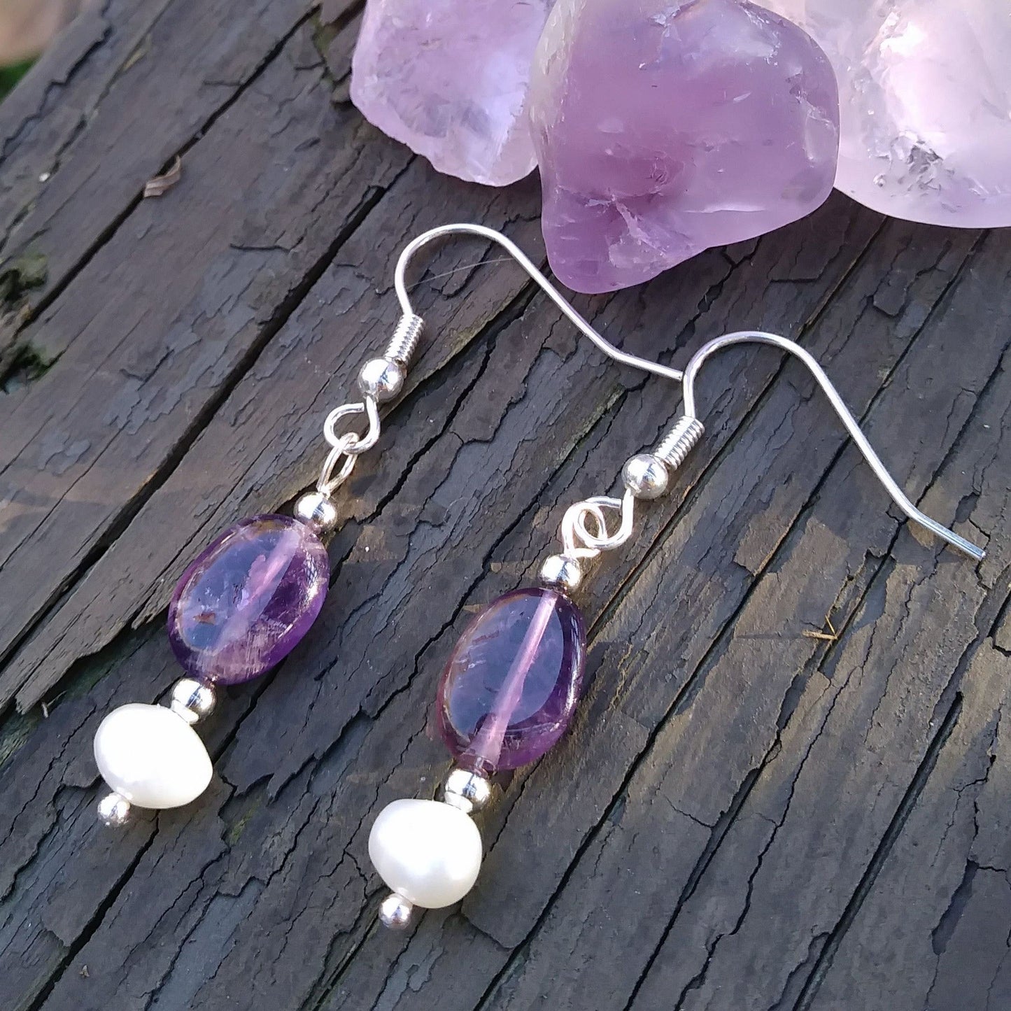 Deep Purple Amethyst & Pearl Earrings on Silver