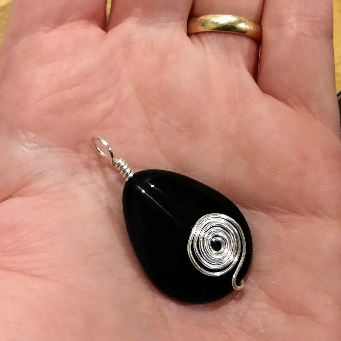 Glossy Black Onyx Teardrop Pendant w Silver Spiral Wire Wrap