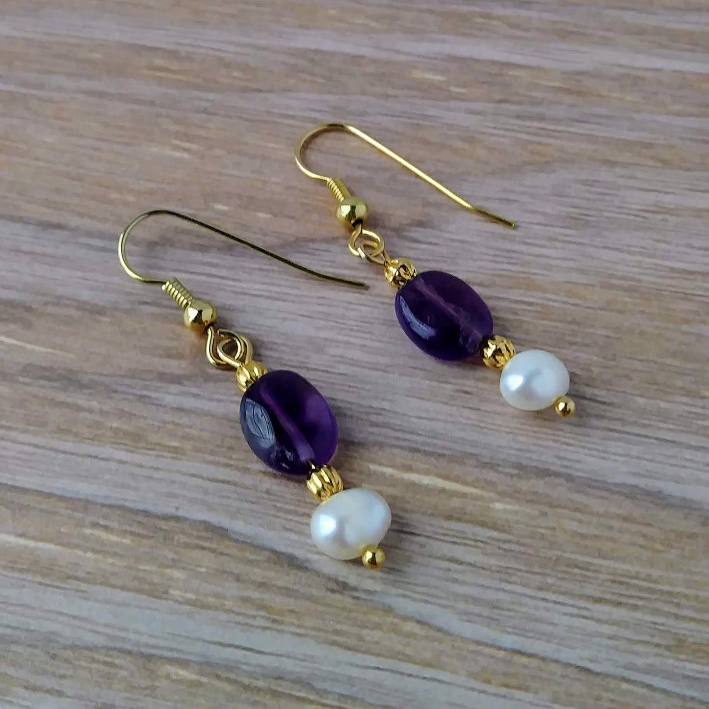 Deep Purple Amethyst & Pearl Gold Dangle Earrings