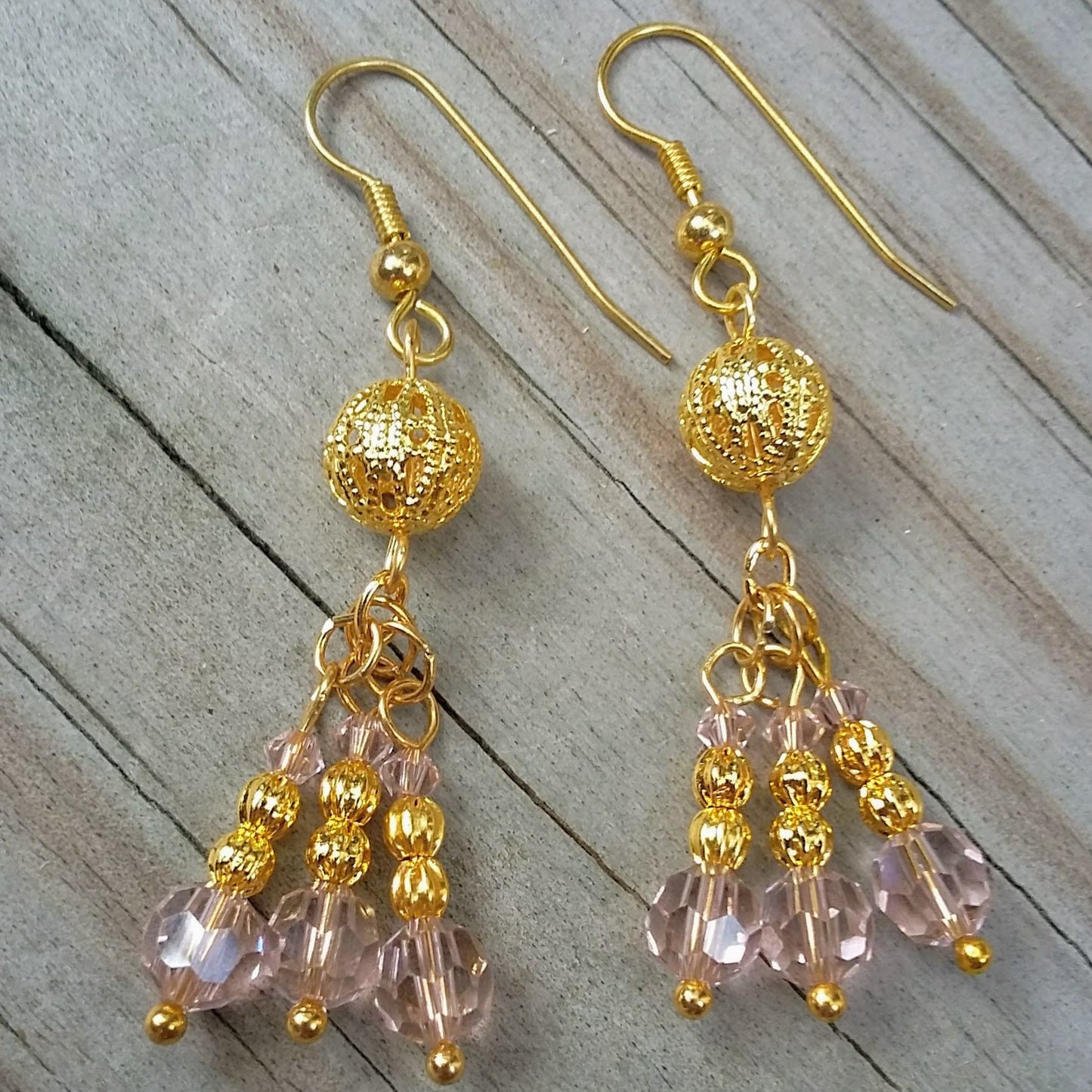 Romantic Light Pink Austrian Crystal Cluster Earrings with Edwardian Gold Filigree