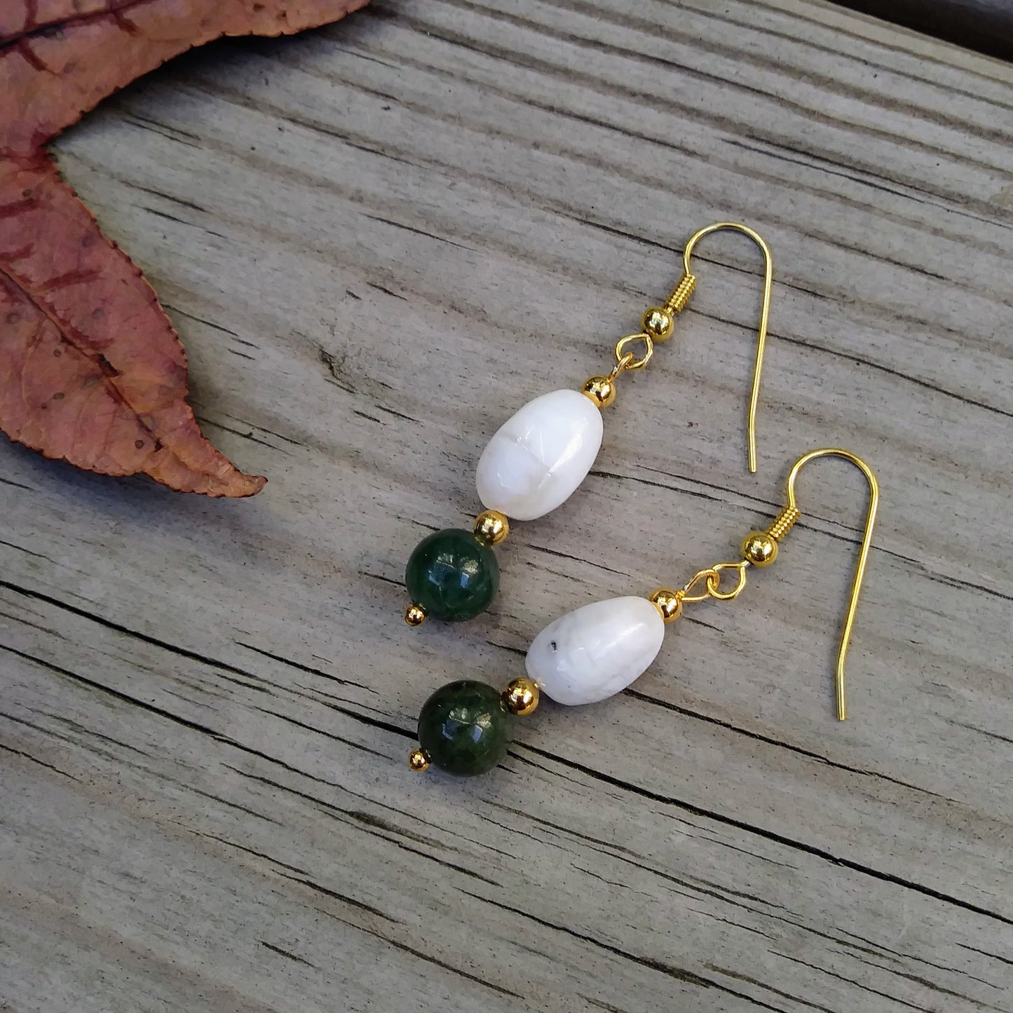 Dark Green Jade & Peruvian Opal Gold Earrings
