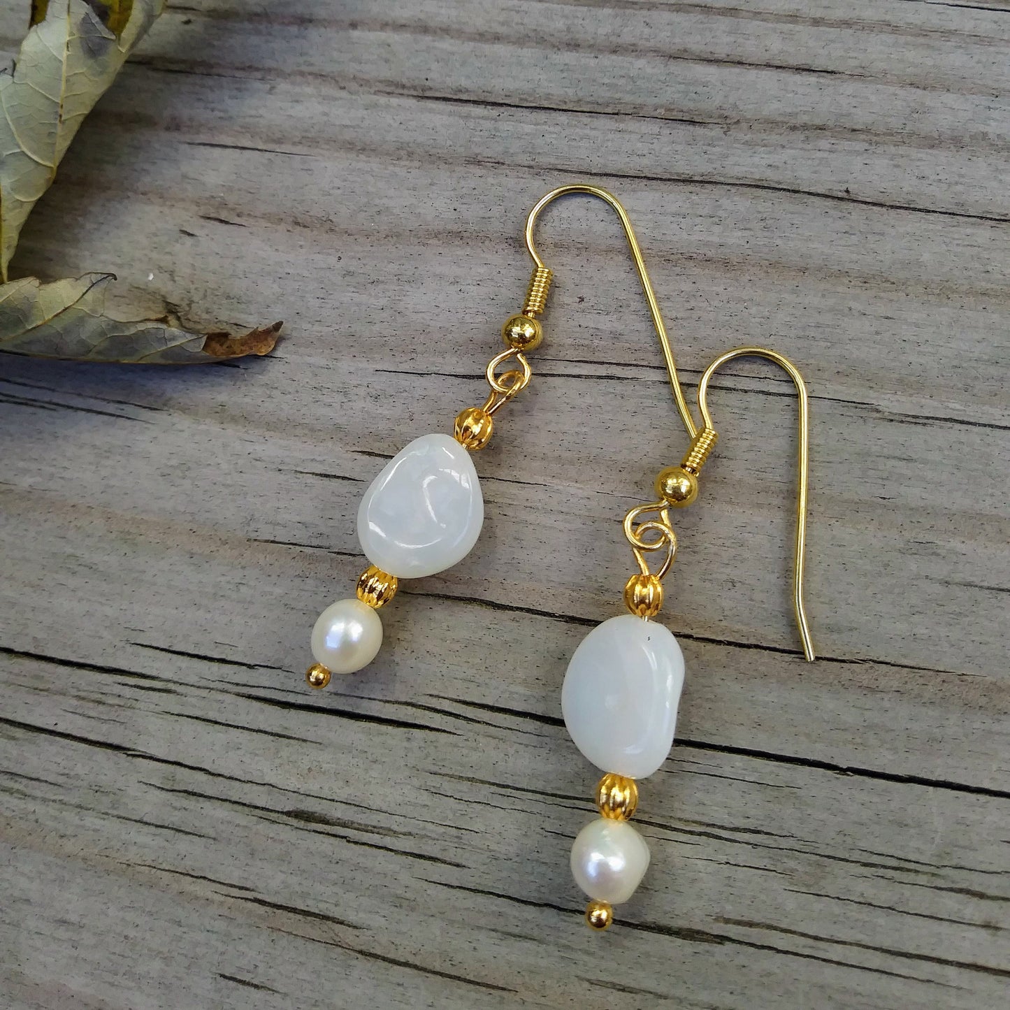 Peruvian White Opal Gold Dangle Earrings with Pearl Accents