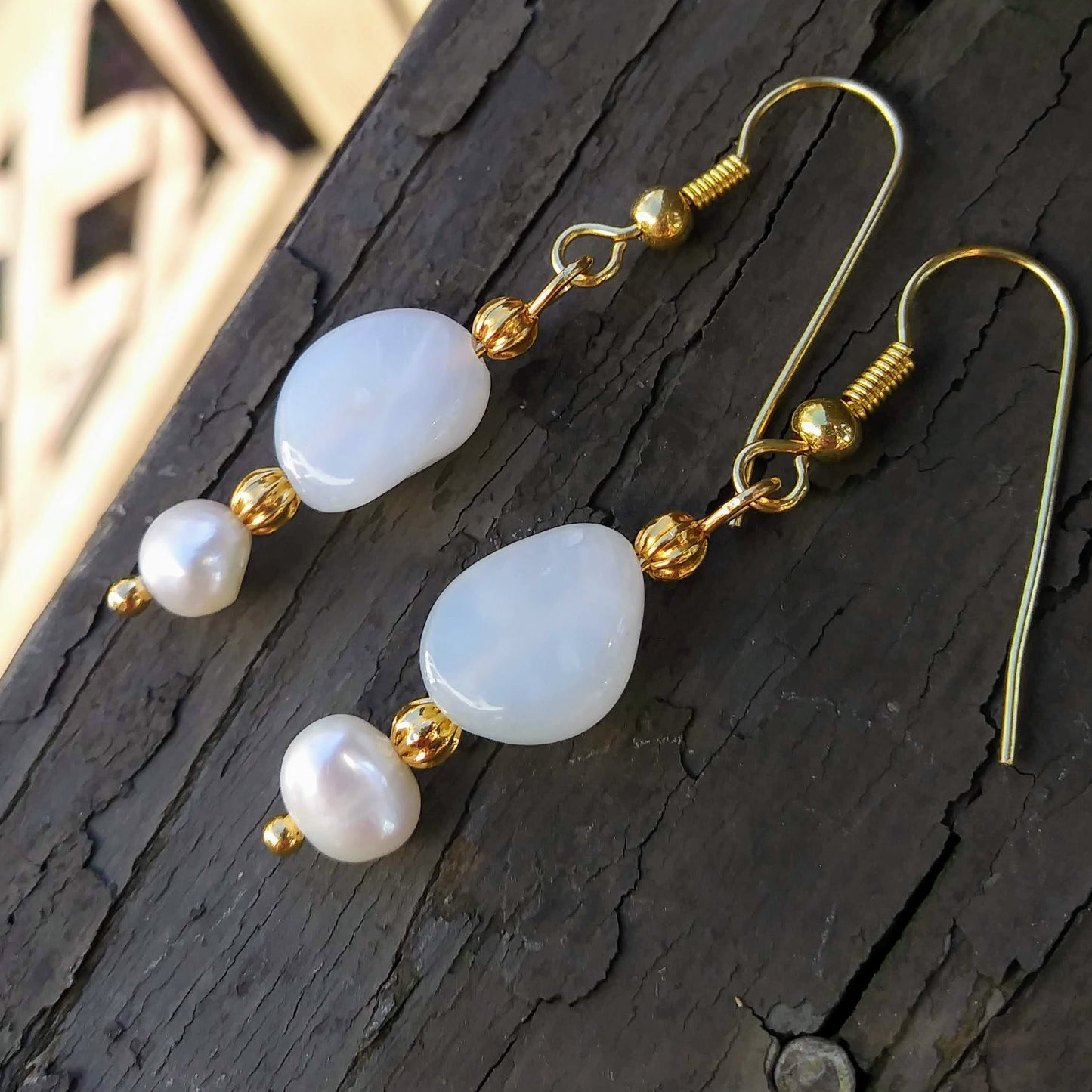 Peruvian White Opal Gold Dangle Earrings with Pearl Accents