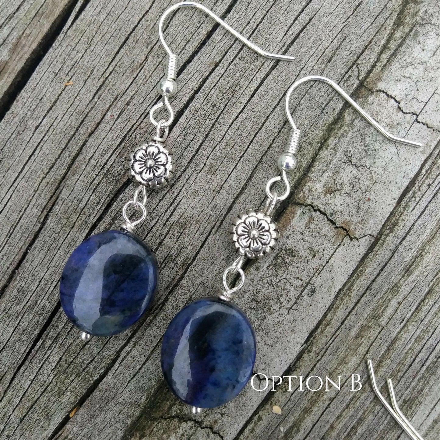 Cobalt Blue Earrings Flower Dumortierite Stone Silver Statement Earrings