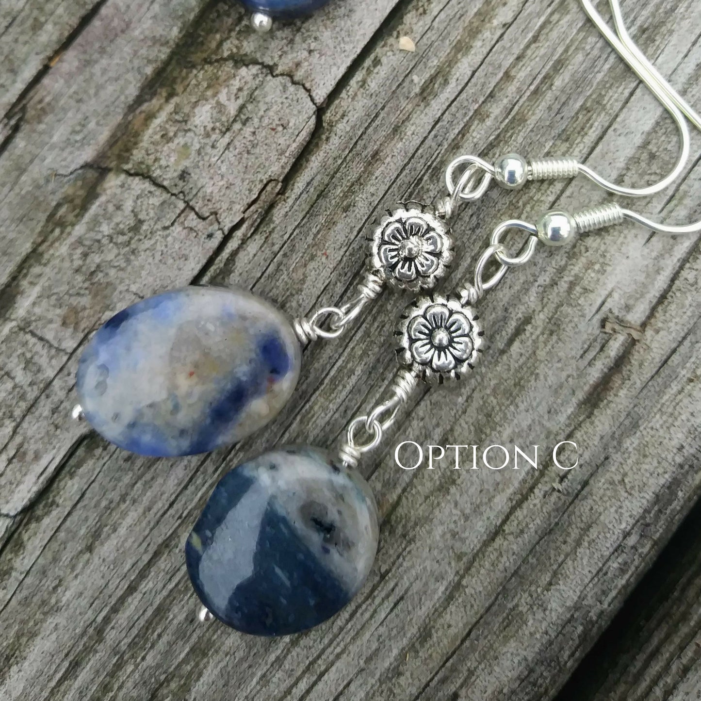 Cobalt Blue Earrings Flower Dumortierite Stone Silver Statement Earrings