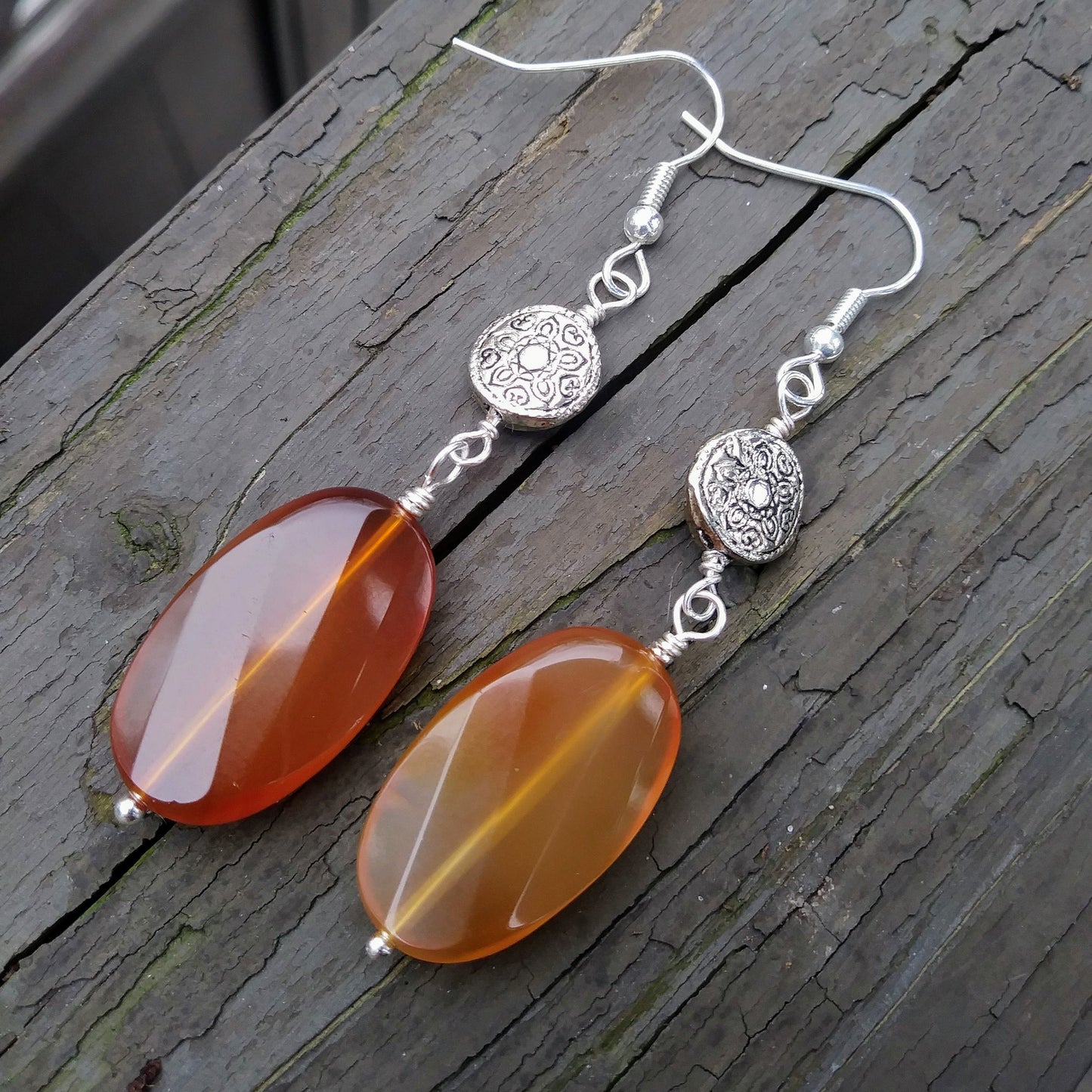 Upcycled Faceted Amber-Colored Gemstone & Patterned Silver Statement Earrings