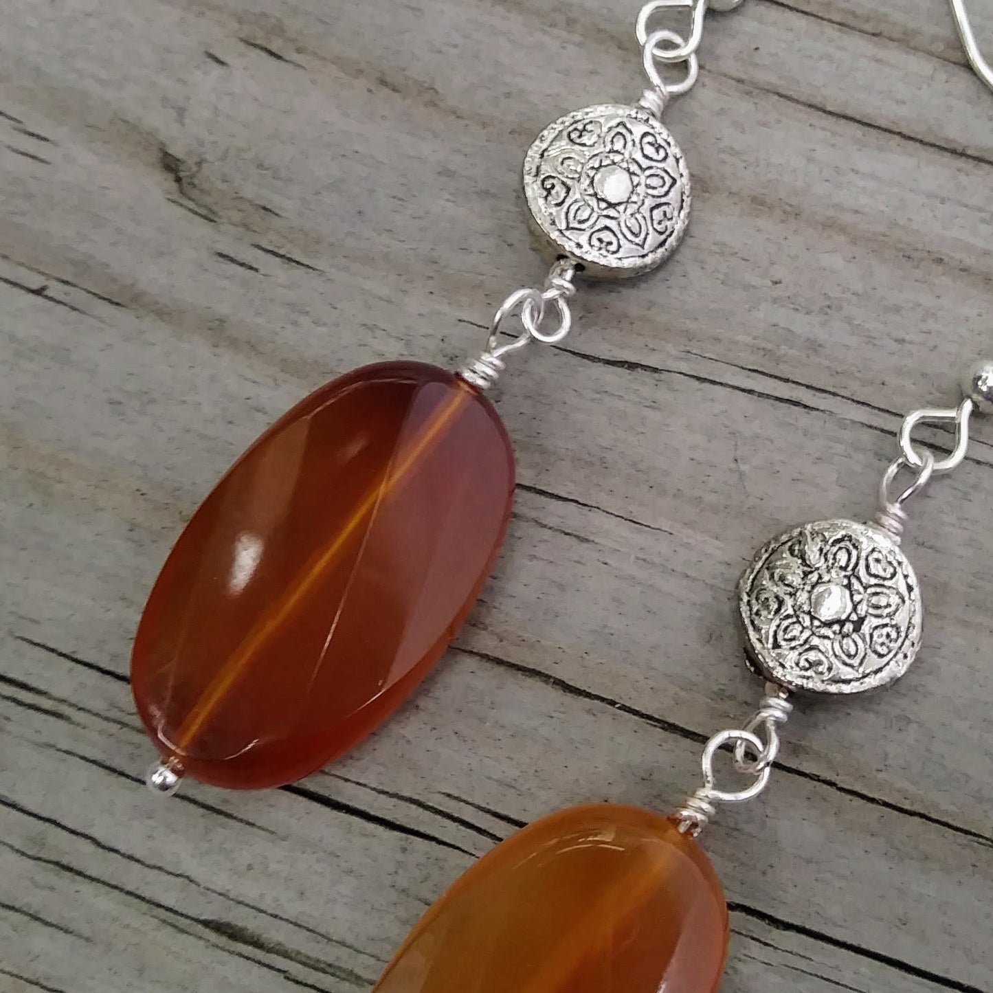 Upcycled Faceted Amber-Colored Gemstone & Patterned Silver Statement Earrings