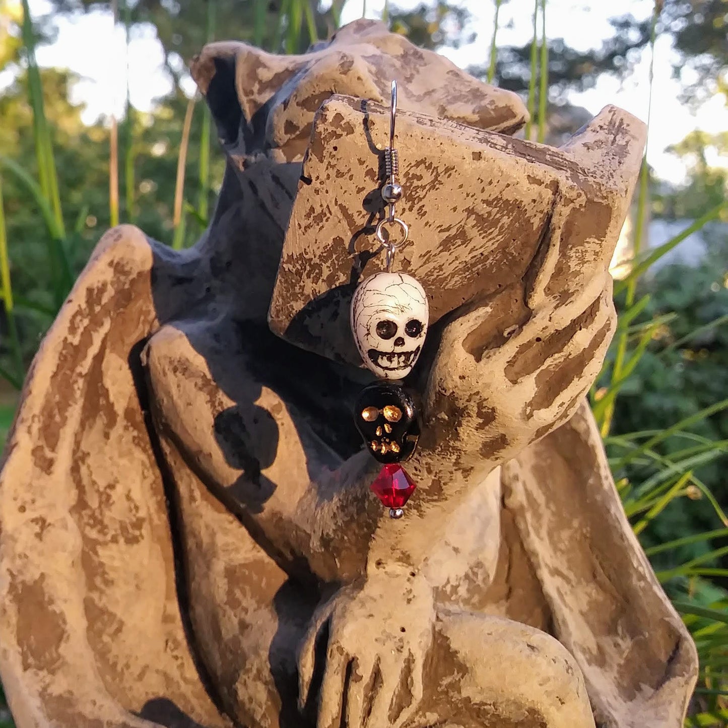 Black Skull White Skull Dangle Earrings with Red Austrian Crystals