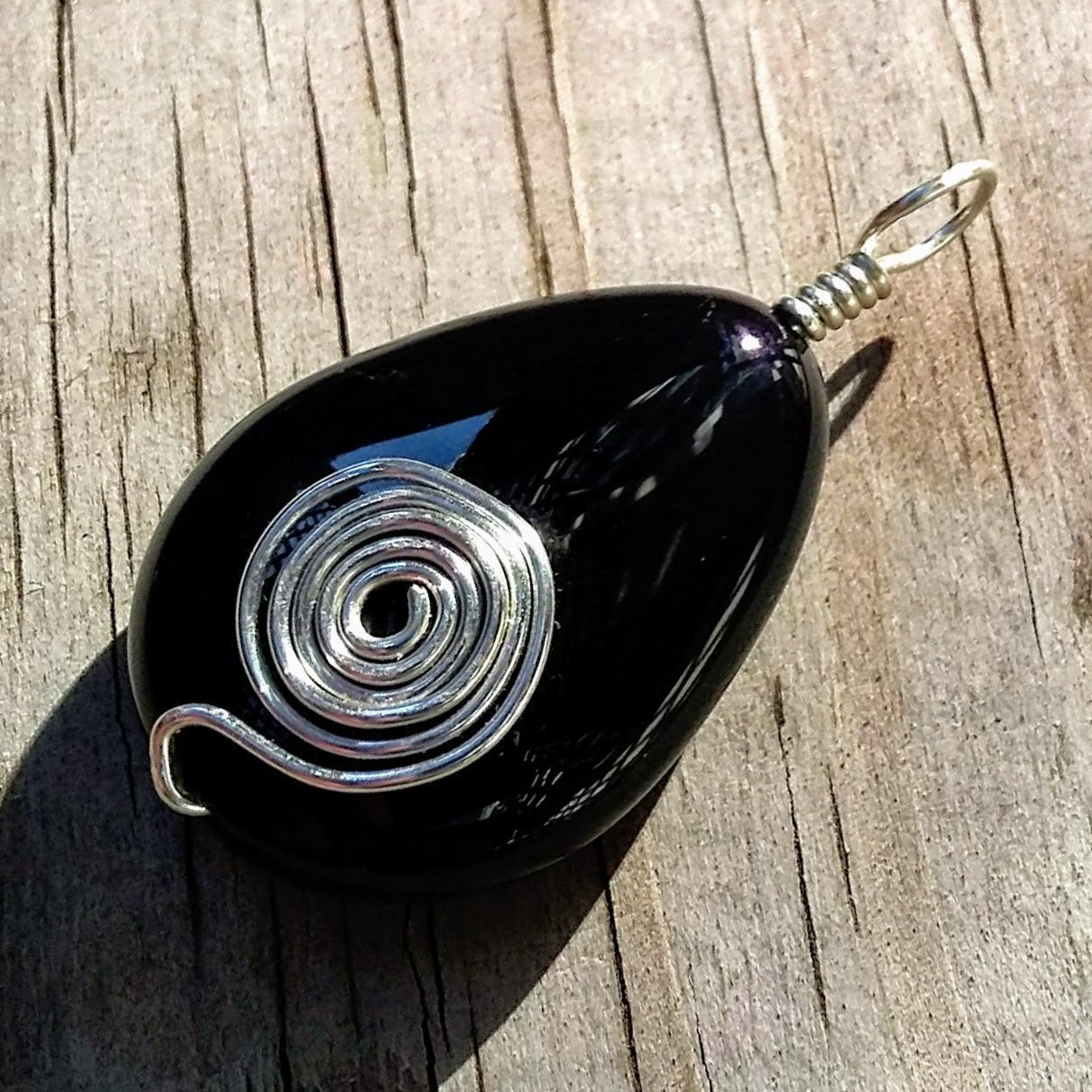 Glossy Black Onyx Teardrop Pendant w Silver Spiral Wire Wrap