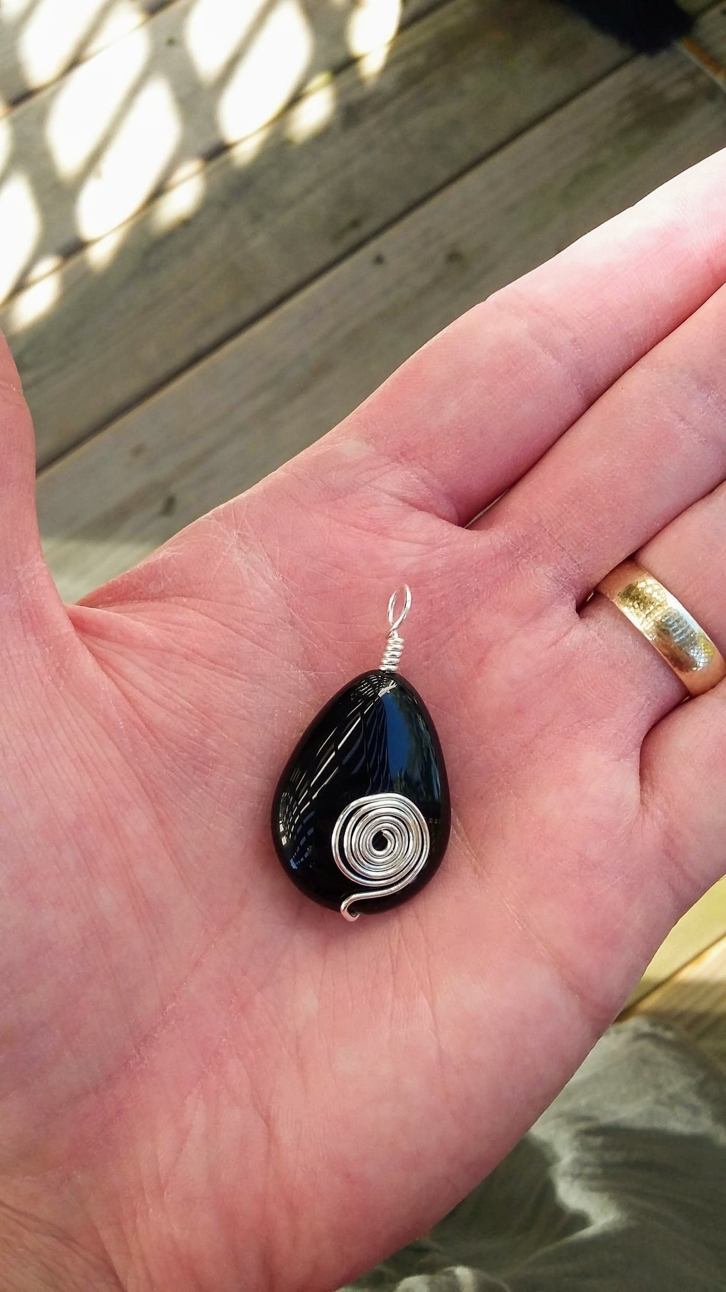Glossy Black Onyx Teardrop Pendant w Silver Spiral Wire Wrap