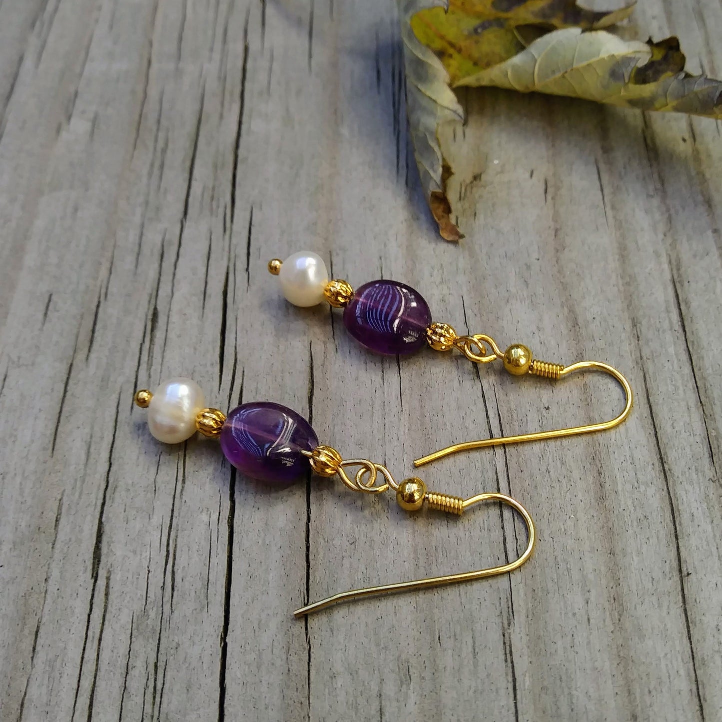 Deep Purple Amethyst & Pearl Gold Dangle Earrings