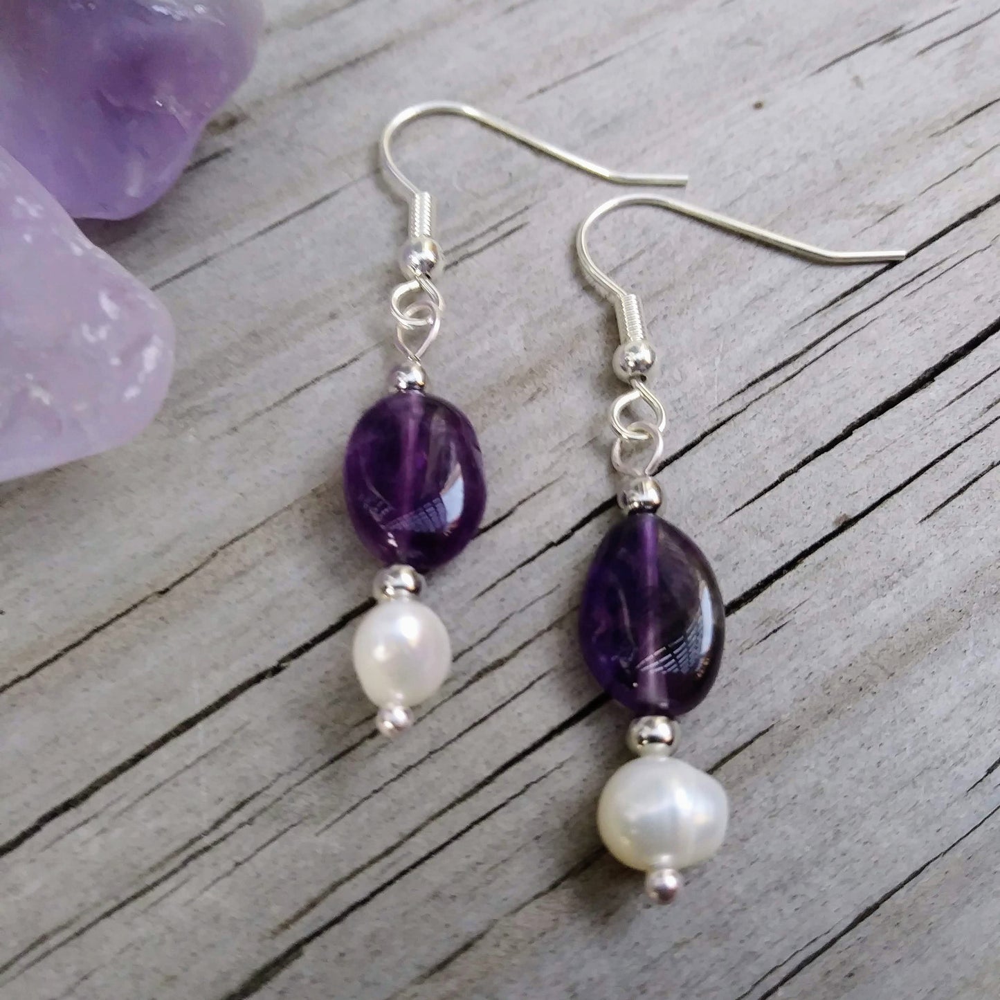 Deep Purple Amethyst & Pearl Earrings on Silver