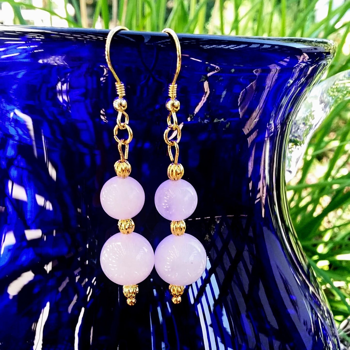 Double Rose Quartz Stacked Gold Dangle Earrings