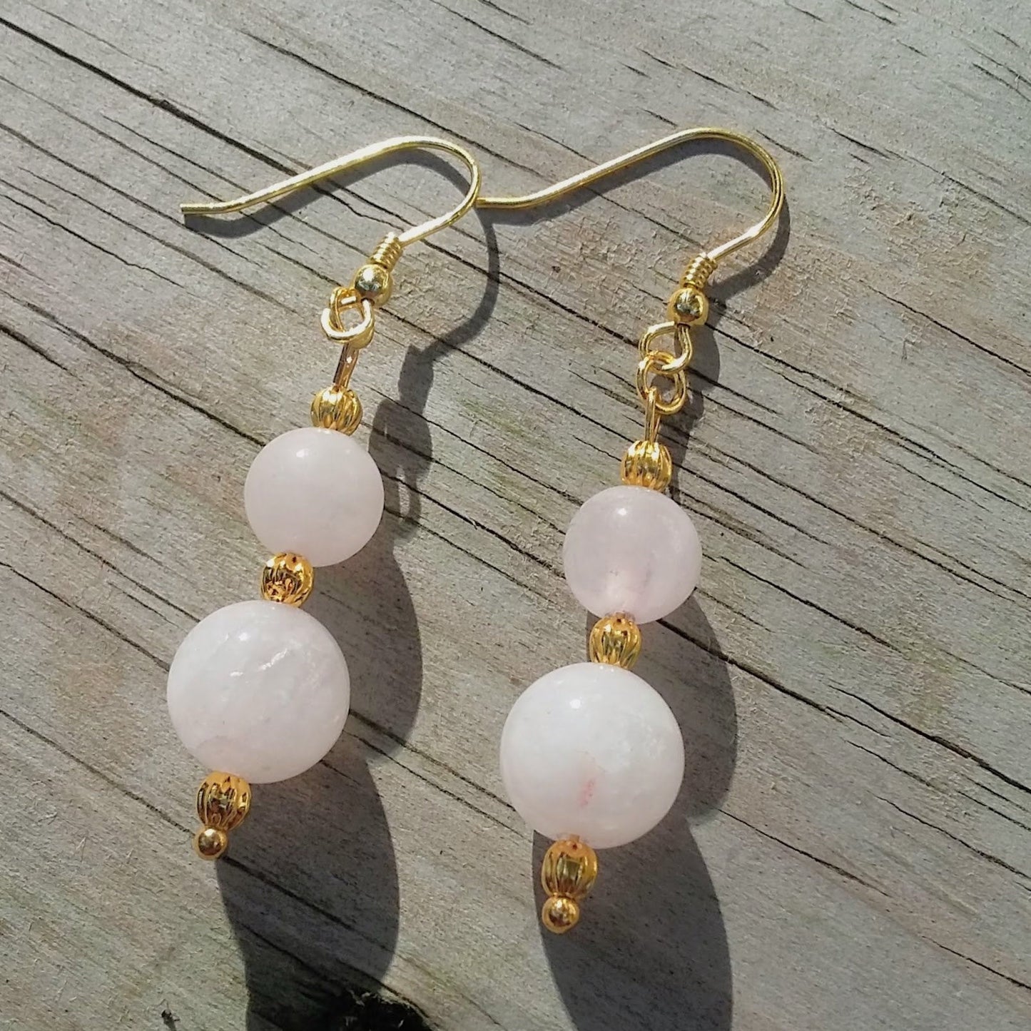 Double Rose Quartz Stacked Gold Dangle Earrings