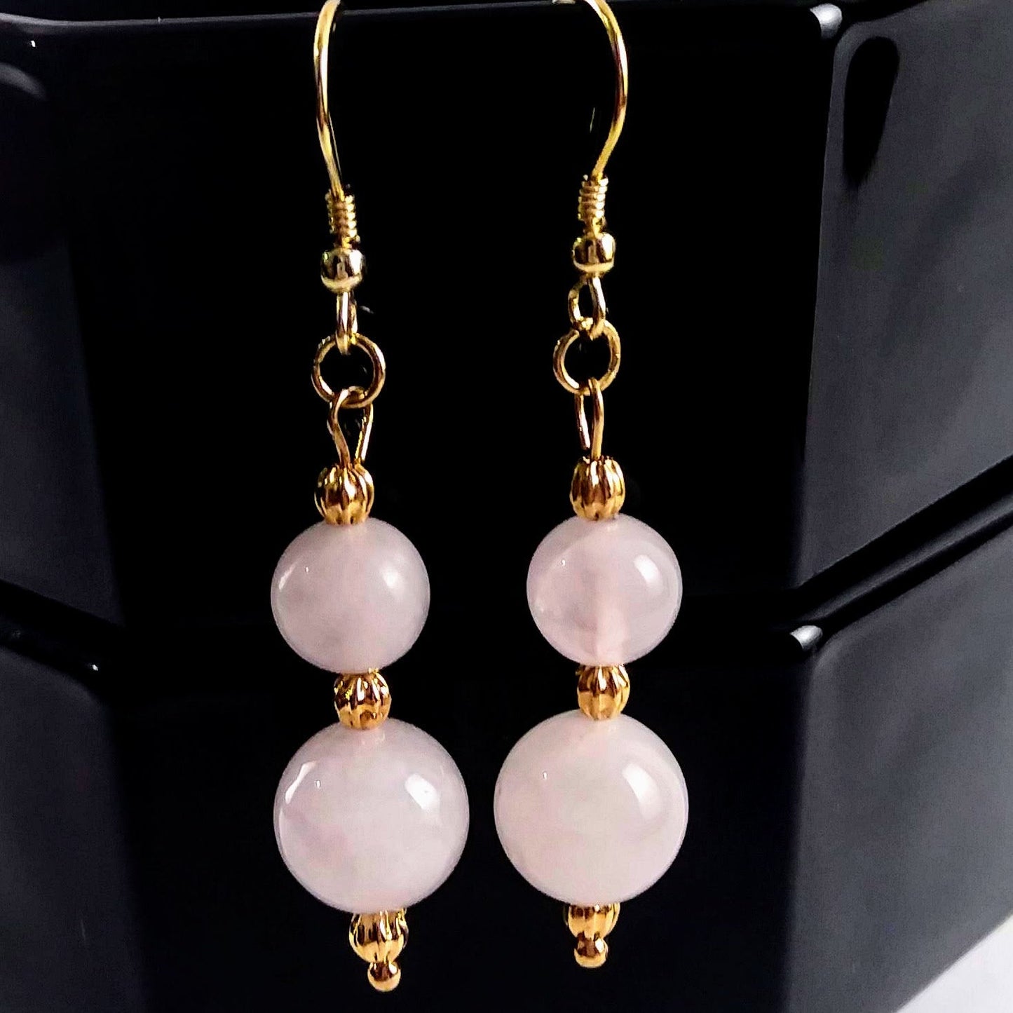 Double Rose Quartz Stacked Gold Dangle Earrings