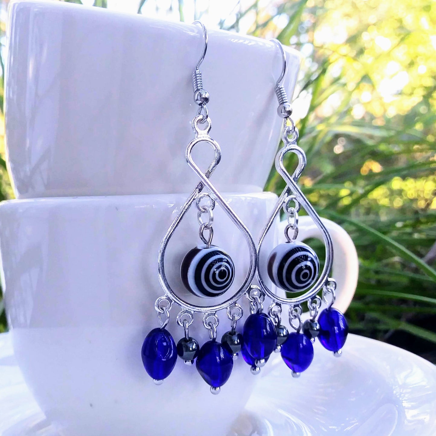 Cobalt Blue Evil Eye Chandelier Earrings in Hematite & Glass