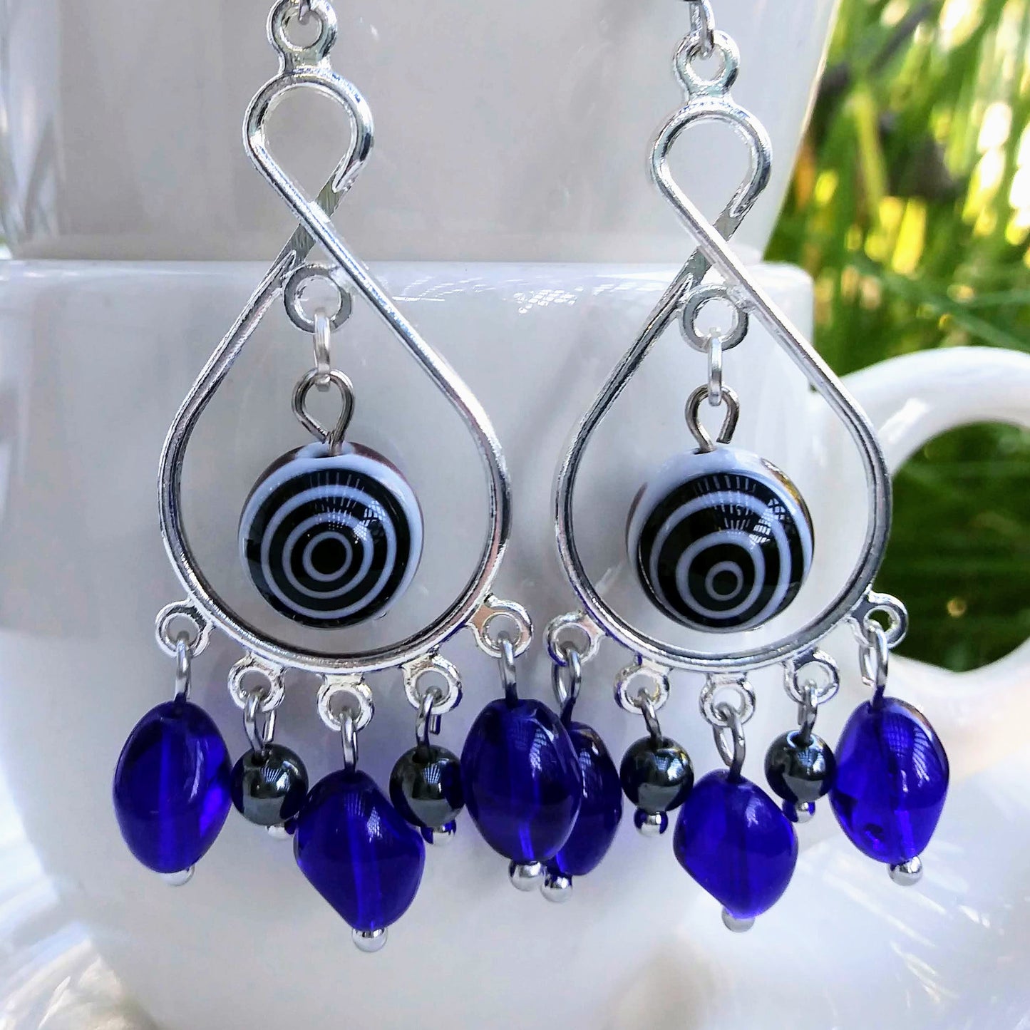 Cobalt Blue Evil Eye Chandelier Earrings in Hematite & Glass