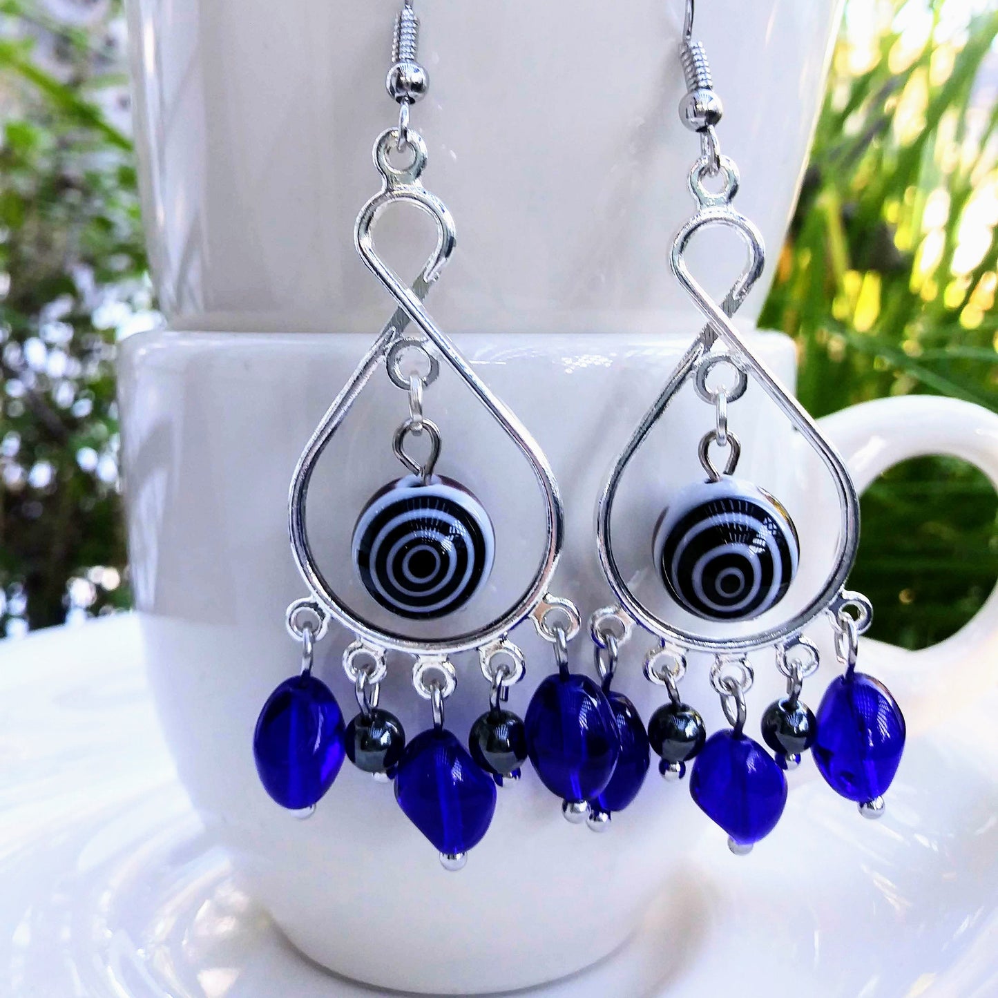 Cobalt Blue Evil Eye Chandelier Earrings in Hematite & Glass
