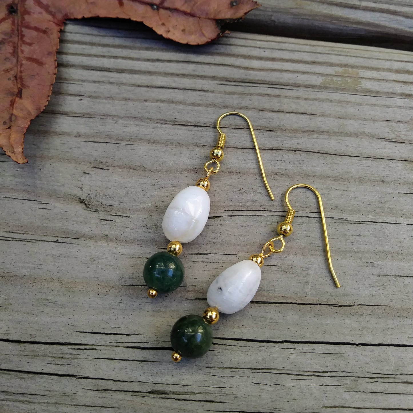 Dark Green Jade & Peruvian Opal Gold Earrings