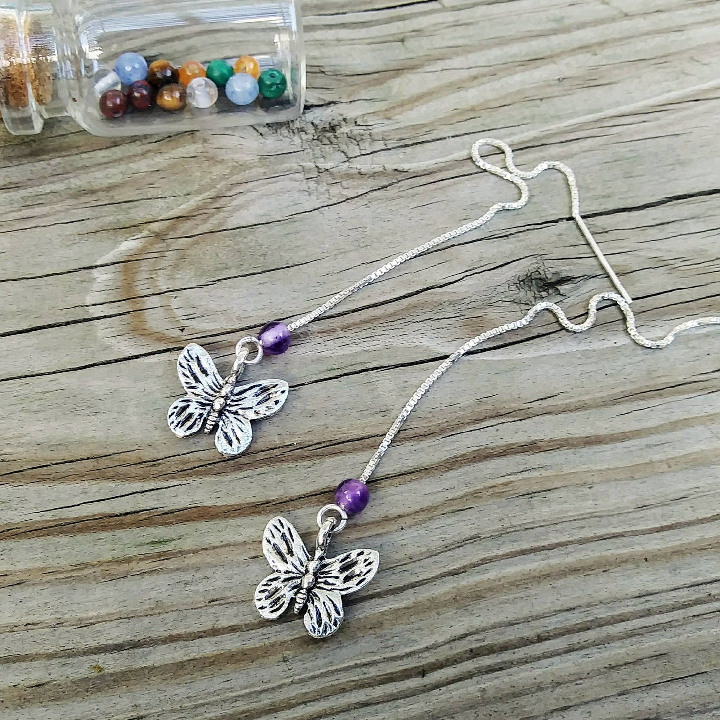 Butterfly Charm Threader Earrings with Chakra Gemstone Set - 4 inch 0.925 Sterling Silver Threads