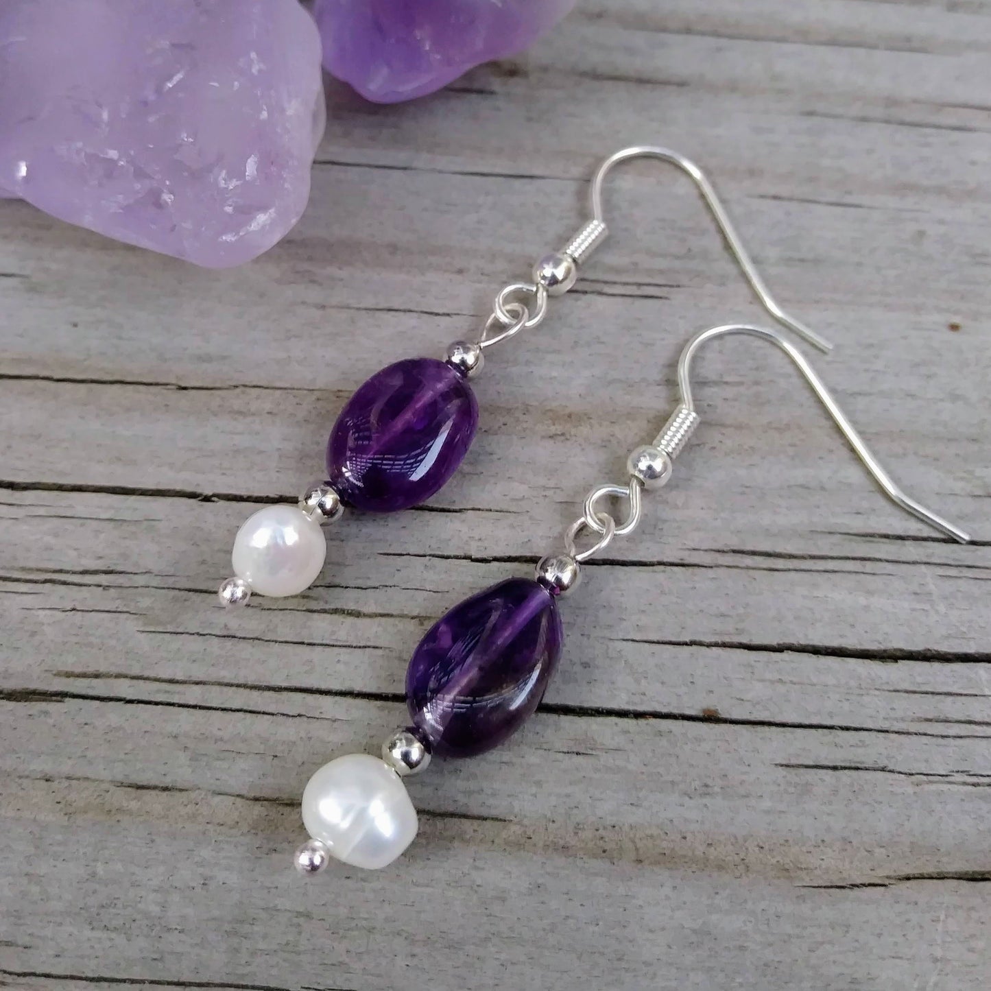 Deep Purple Amethyst & Pearl Earrings on Silver