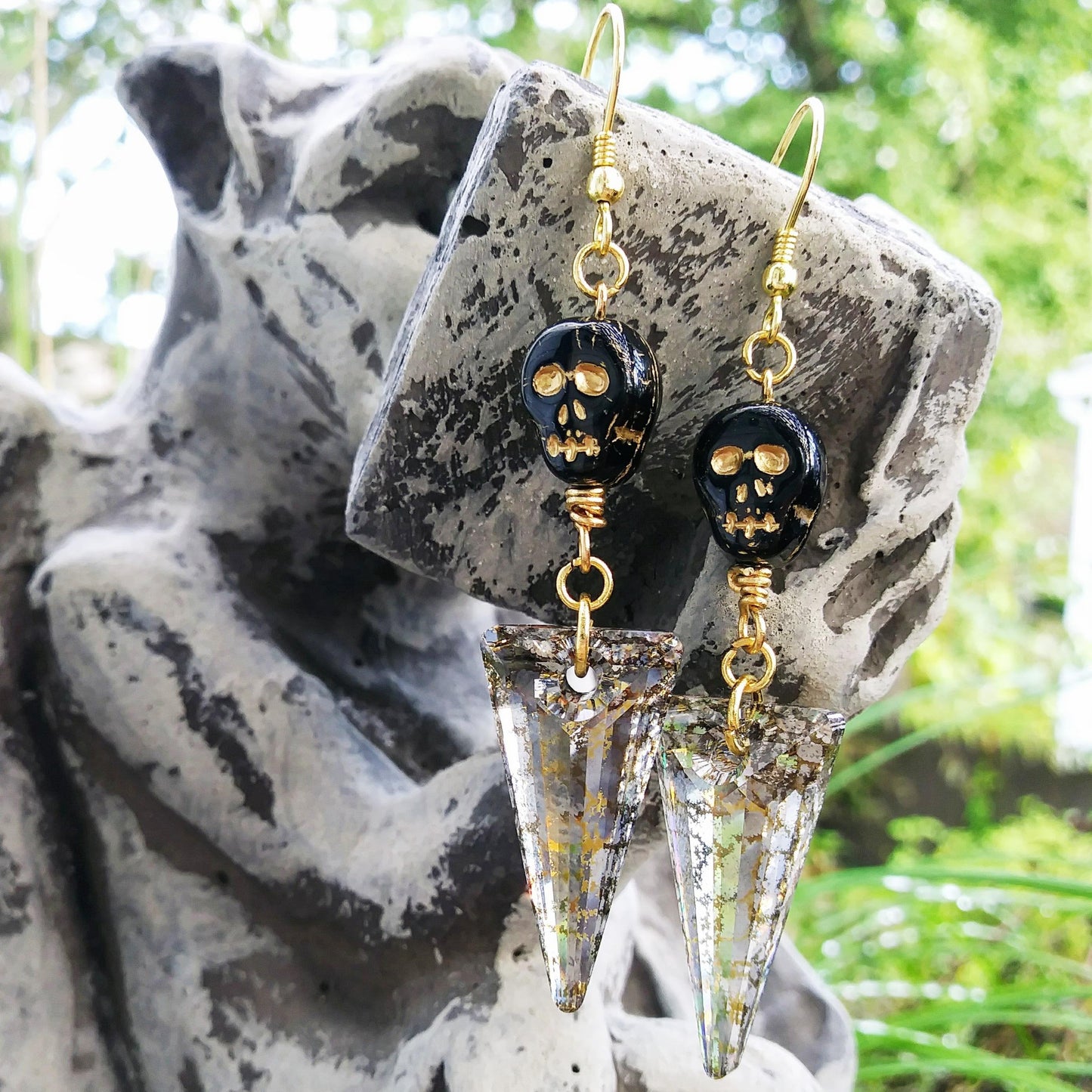 Large Austrian Crystal Spike & Black Skull Gold Statement Earrings