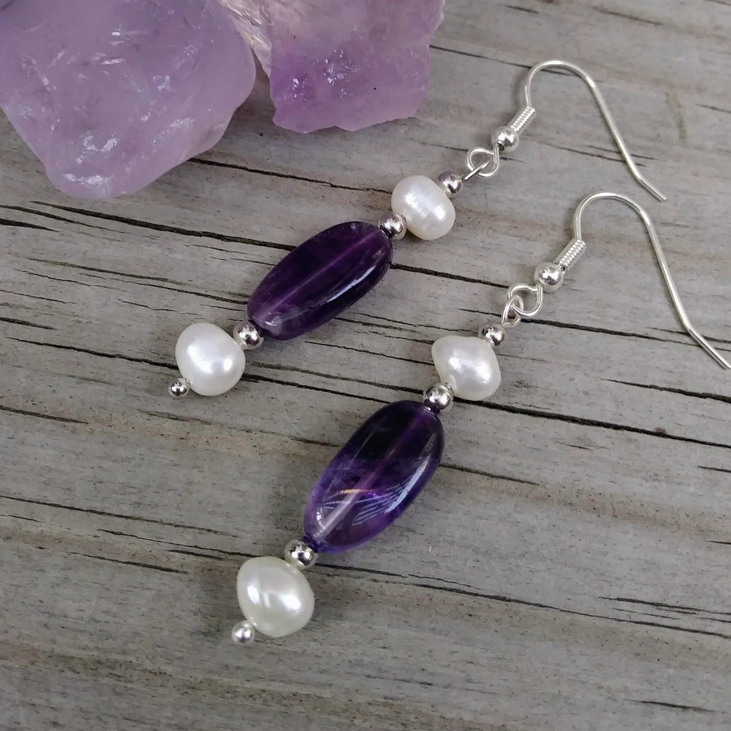Deep Purple Amethyst & Double Pearl Silver Dangle Earrings