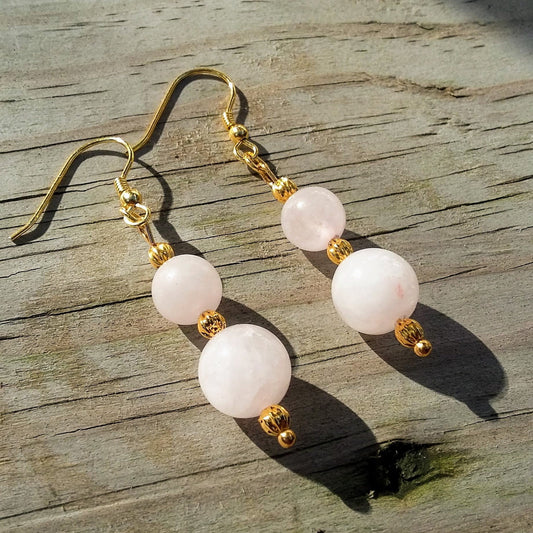 Double Rose Quartz Stacked Gold Dangle Earrings