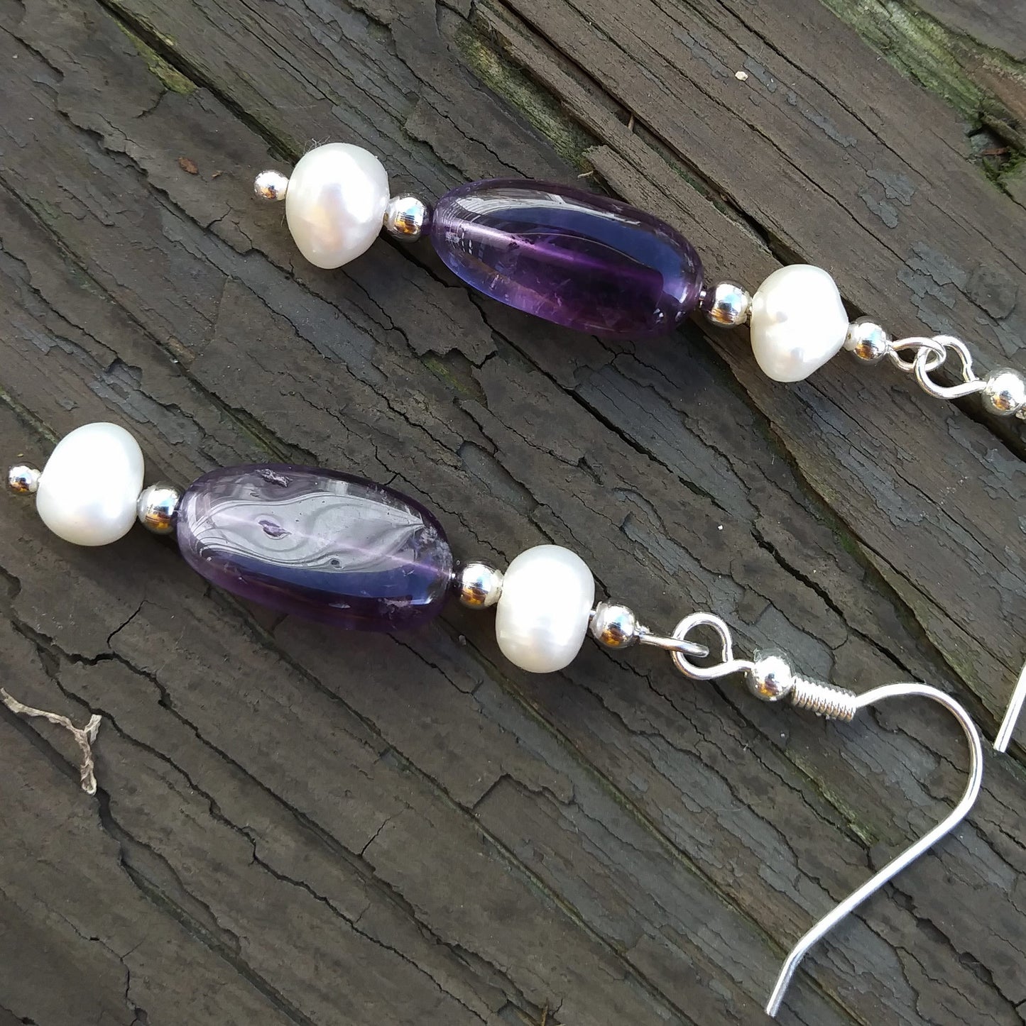 Deep Purple Amethyst & Double Pearl Silver Dangle Earrings