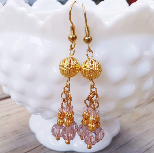 Romantic Light Pink Austrian Crystal Cluster Earrings with Edwardian Gold Filigree