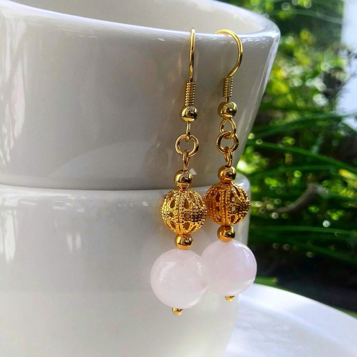 Rose Quartz Dangle Earrings with Edwardian Gold Filigree