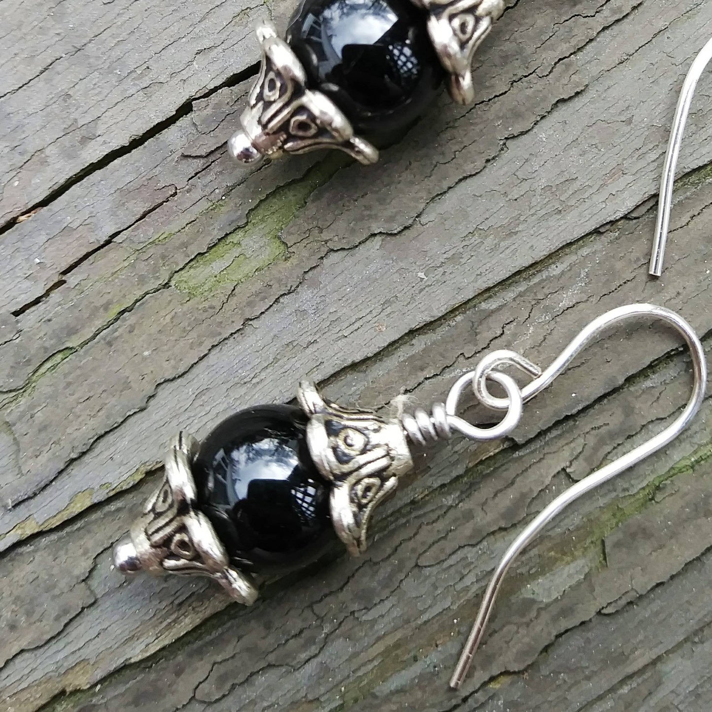 Black Onyx & Silver Floral Dangle Earrings