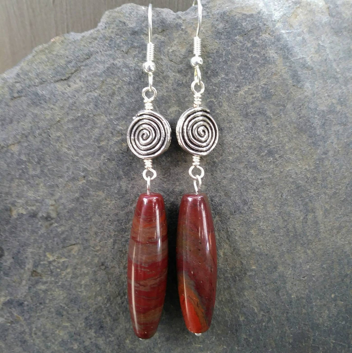 Silver Spiral & Red Jasper Stone Spike Statement Earrings