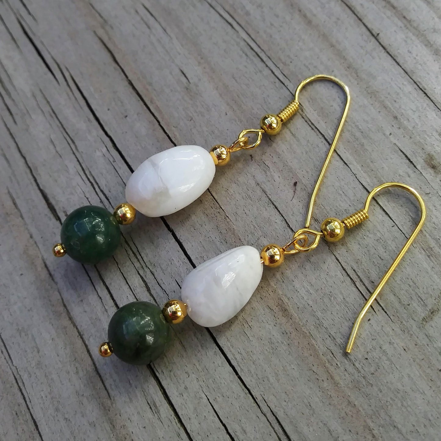 Dark Green Jade & Peruvian Opal Gold Earrings