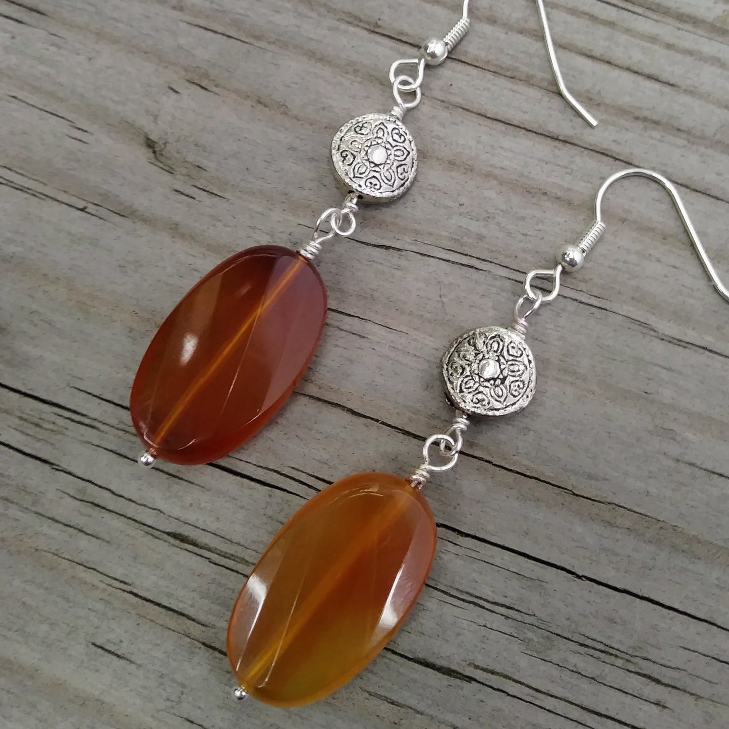 Upcycled Faceted Amber-Colored Gemstone & Patterned Silver Statement Earrings