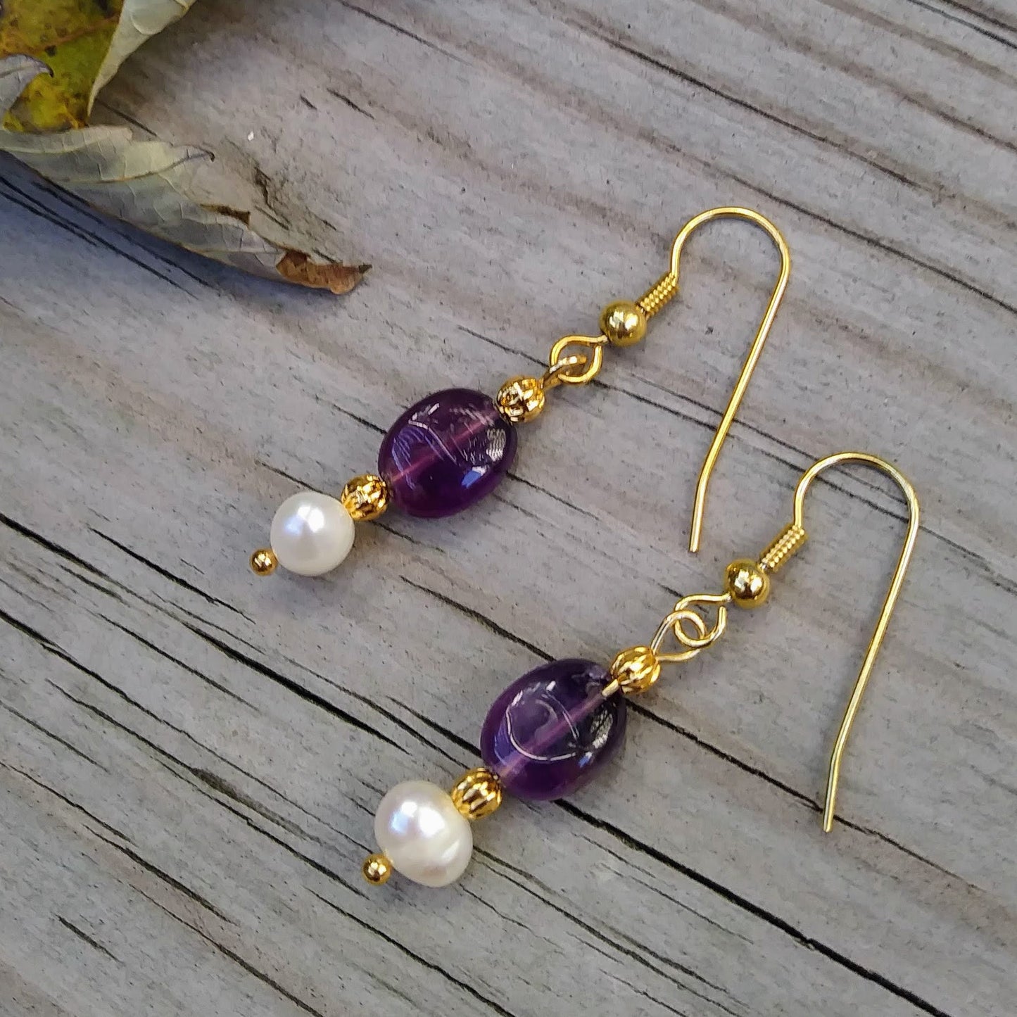 Deep Purple Amethyst & Pearl Gold Dangle Earrings