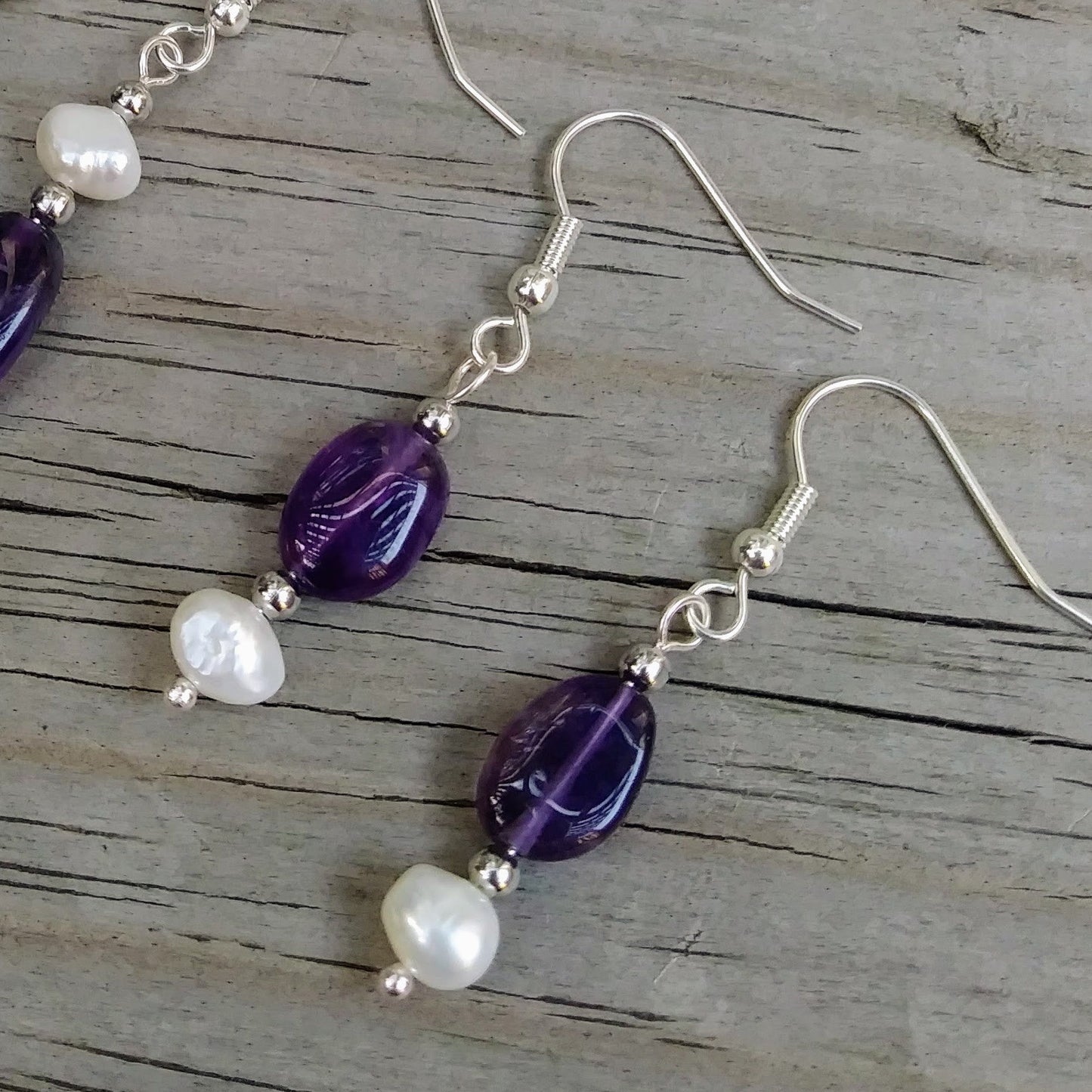 Deep Purple Amethyst & Pearl Silver Dangle Earrings
