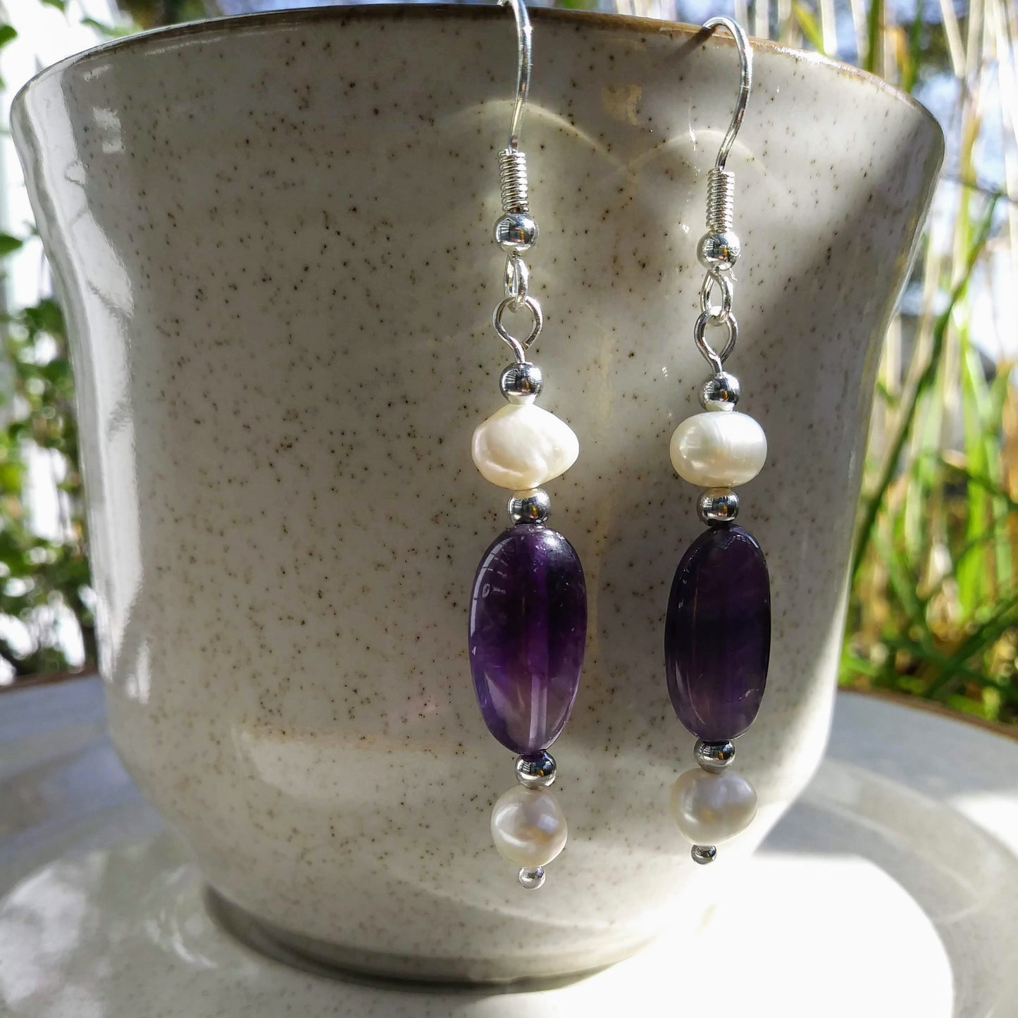 Deep Purple Amethyst & Double Pearl Silver Dangle Earrings