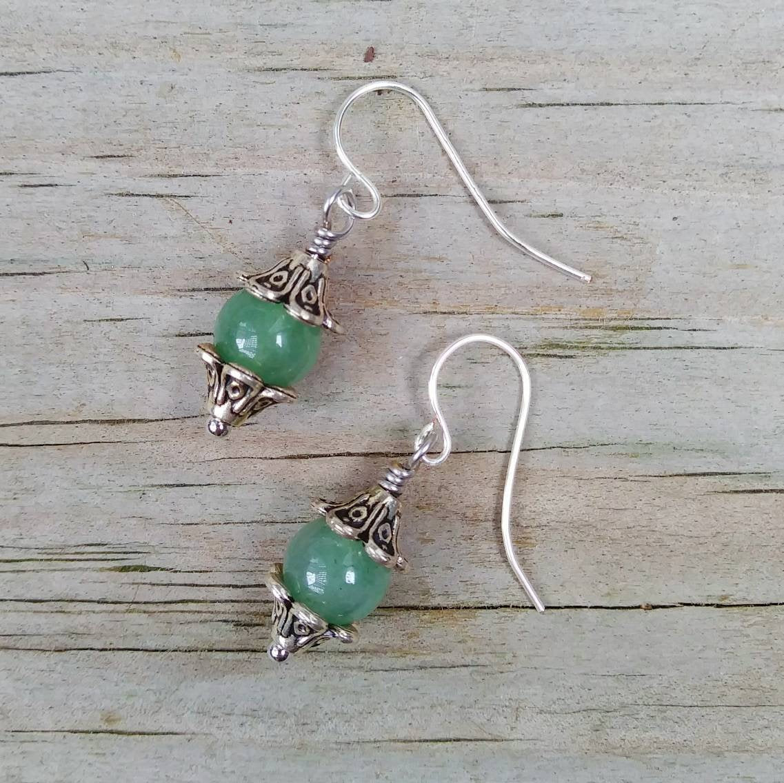 Green Aventurine & Silver Floral Dangle Earrings